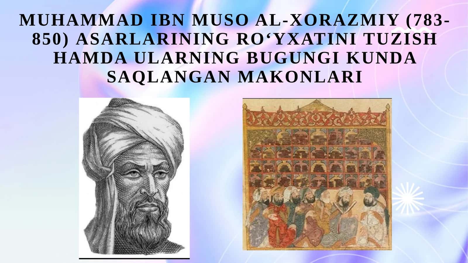 Muhammad ibn Muso al-Xorazmiy (783-850) asarlarining roʻyxatini tuzish hamda ularning bugungi kunda saqlangan makonlari 1