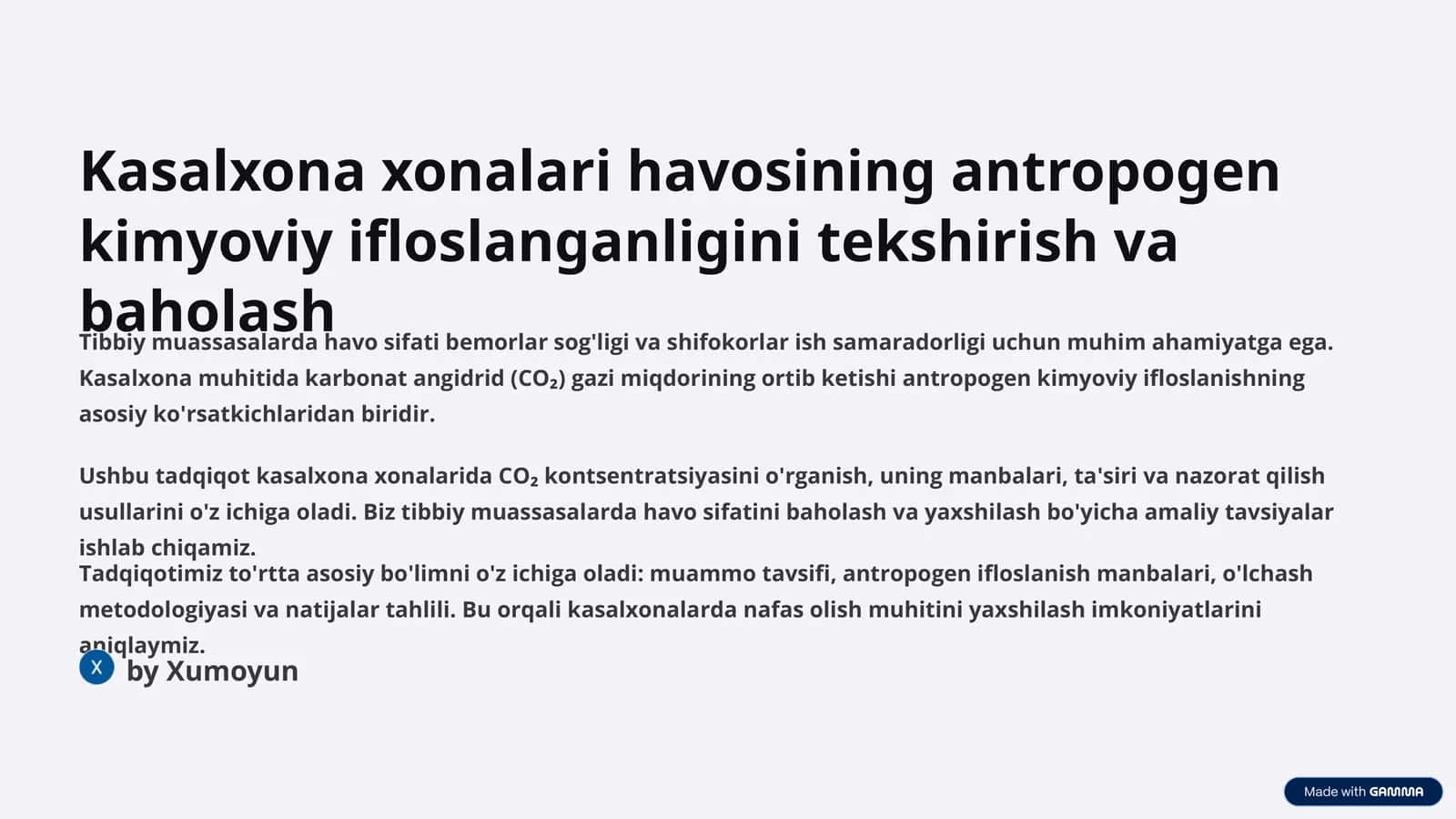 Kasalxona xonalari havosining antropogen kimyoviy ifloslanganligini tekshirish va baholash 1