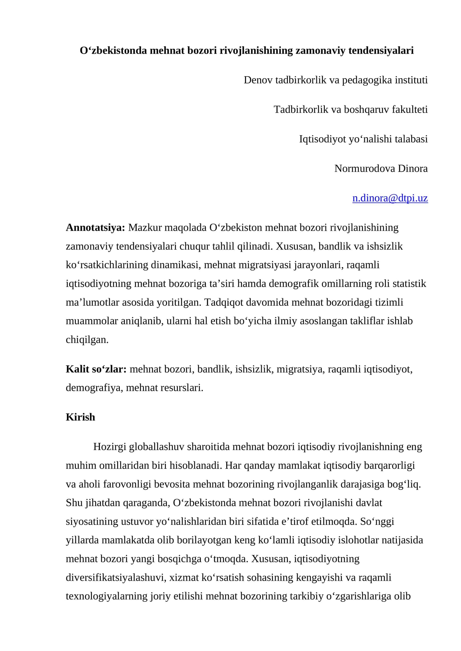 O‘zbekistonda mehnat bozori rivojlanishining zamonaviy tendensiyalari 1