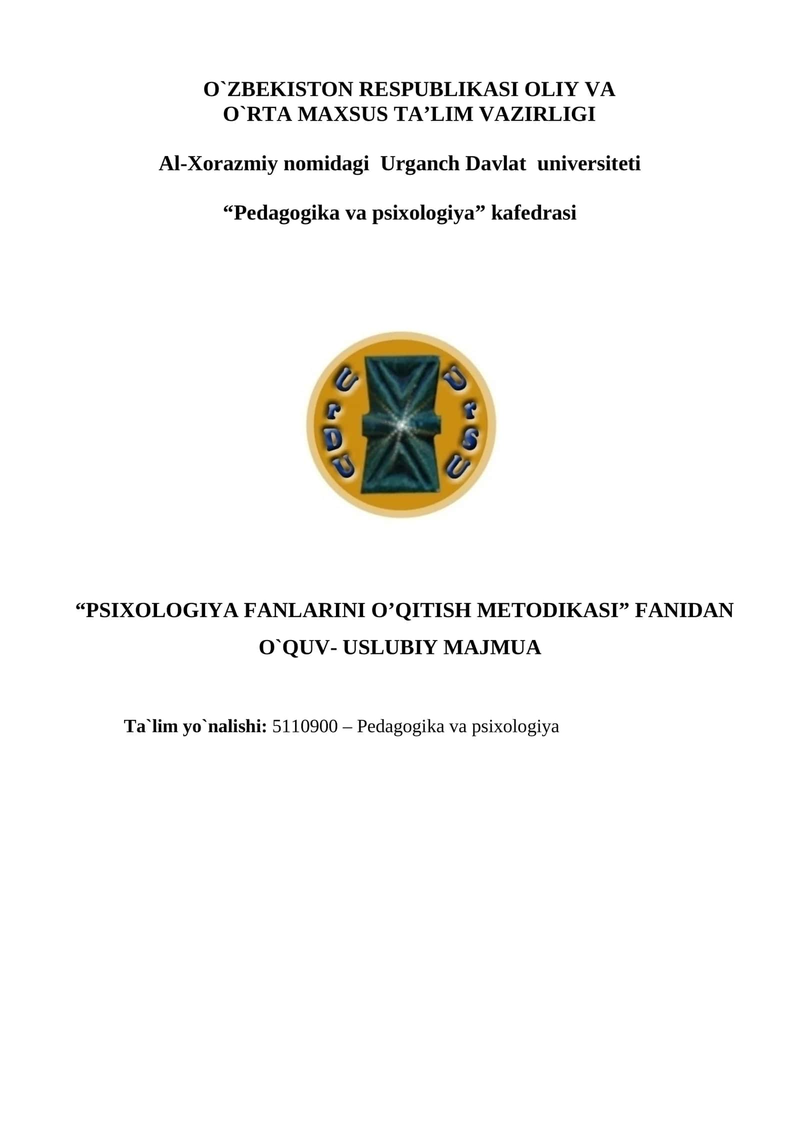 PSIXOLOGIYA FANLARINI O’QITISH METODIKASI FANIDAN O`QUV- USLUBIY MAJMUA 1