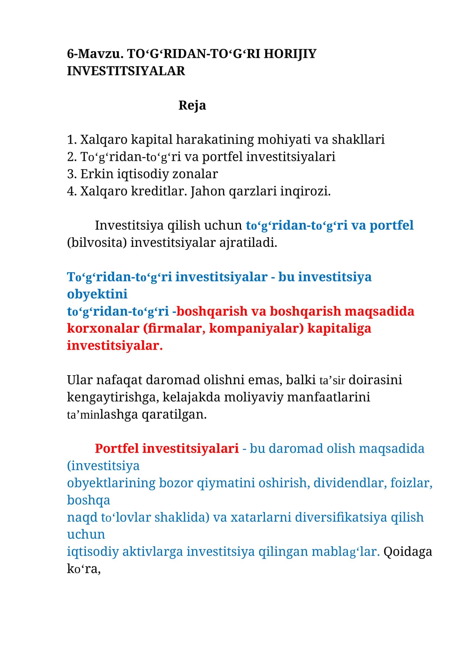 TO‘G‘RIDAN-TO‘G‘RI HORIJIY INVESTITSIYALAR 1