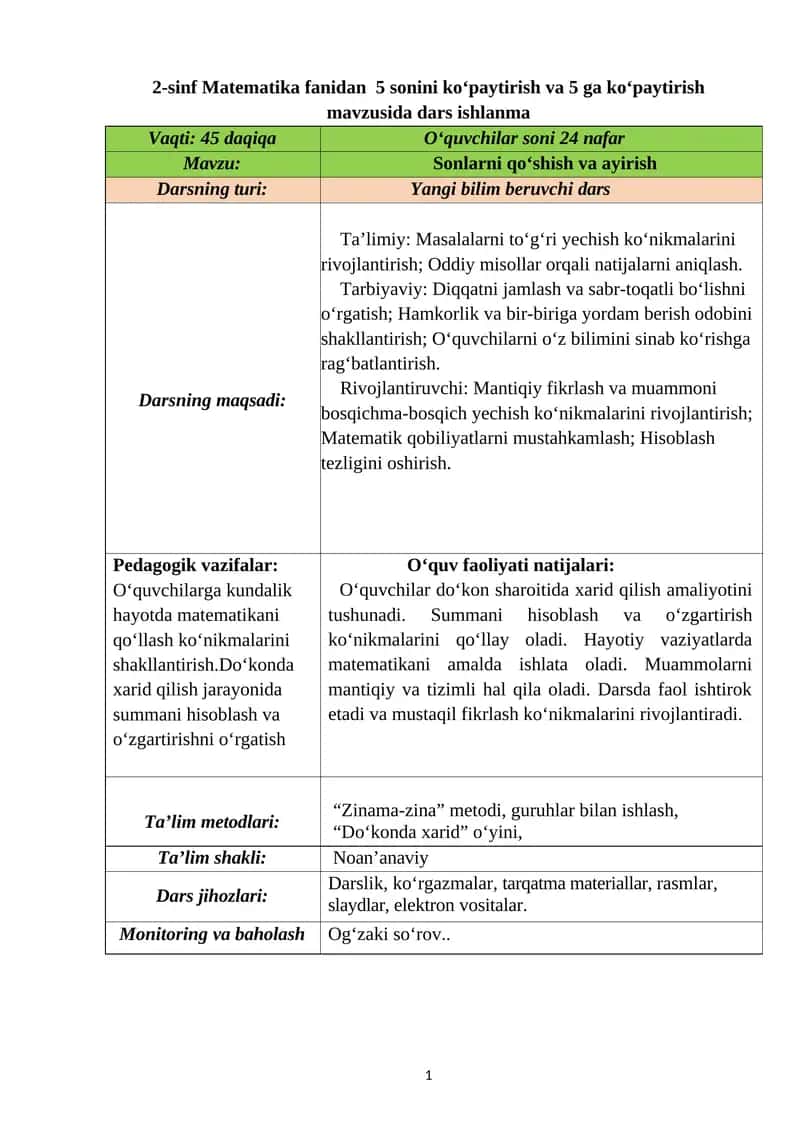 2-sinf Matematika fanidan 5 sonini ko‘paytirish va 5 ga ko‘paytirish mavzusida dars ishlanma 1