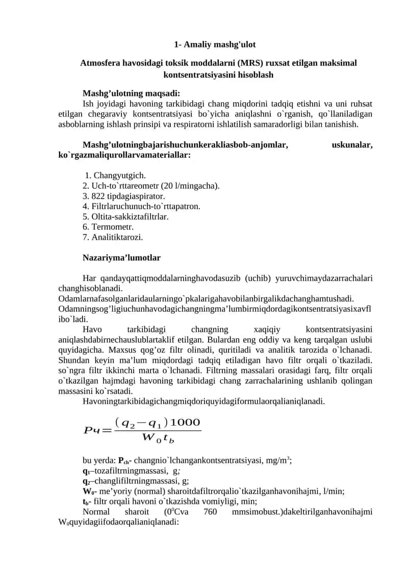 Atmosfera havosidagi toksik moddalarni (MRS) ruxsat etilgan maksimal kontsentratsiyasini hisoblash 1