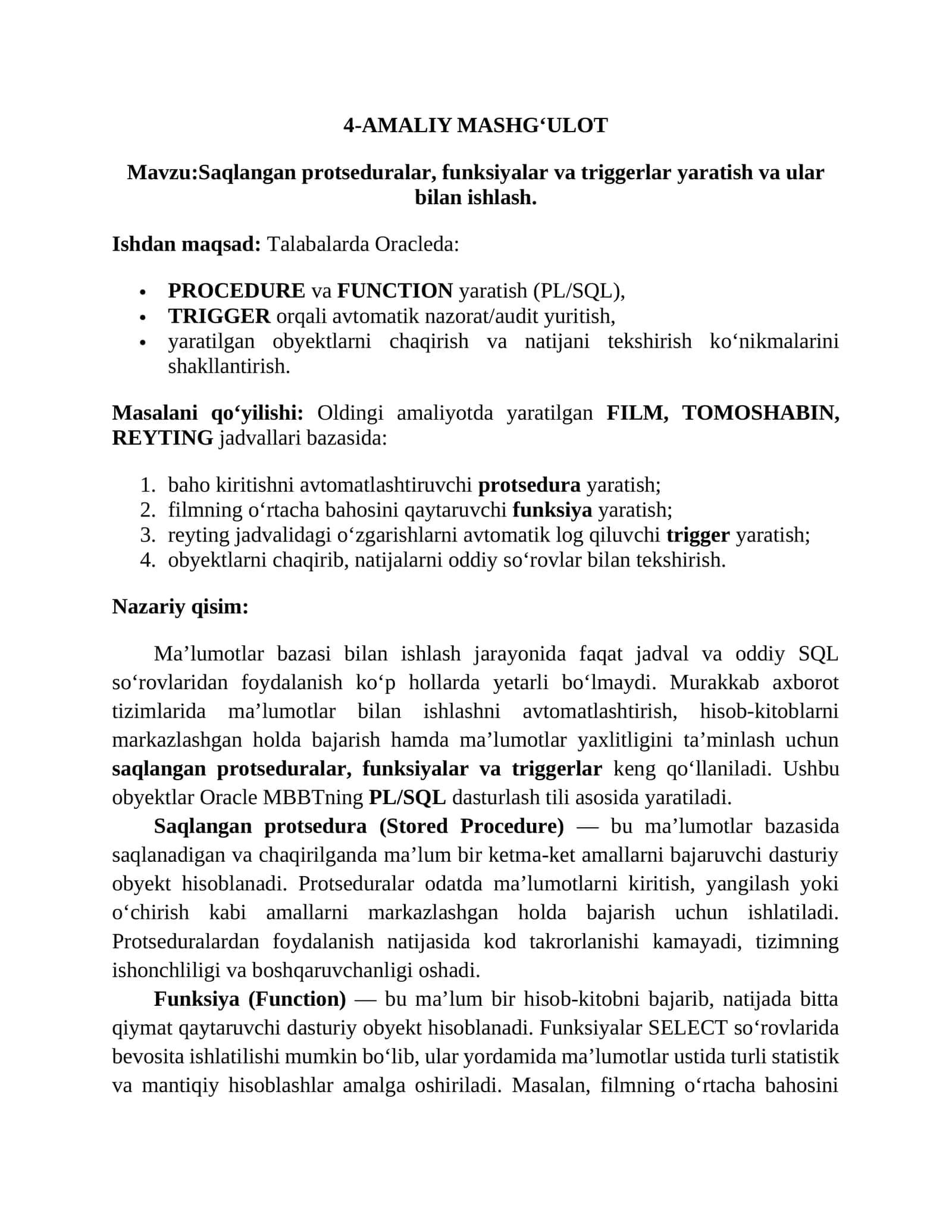 Saqlangan protseduralar, funksiyalar va triggerlar yaratish va ular bilan ishlash 1