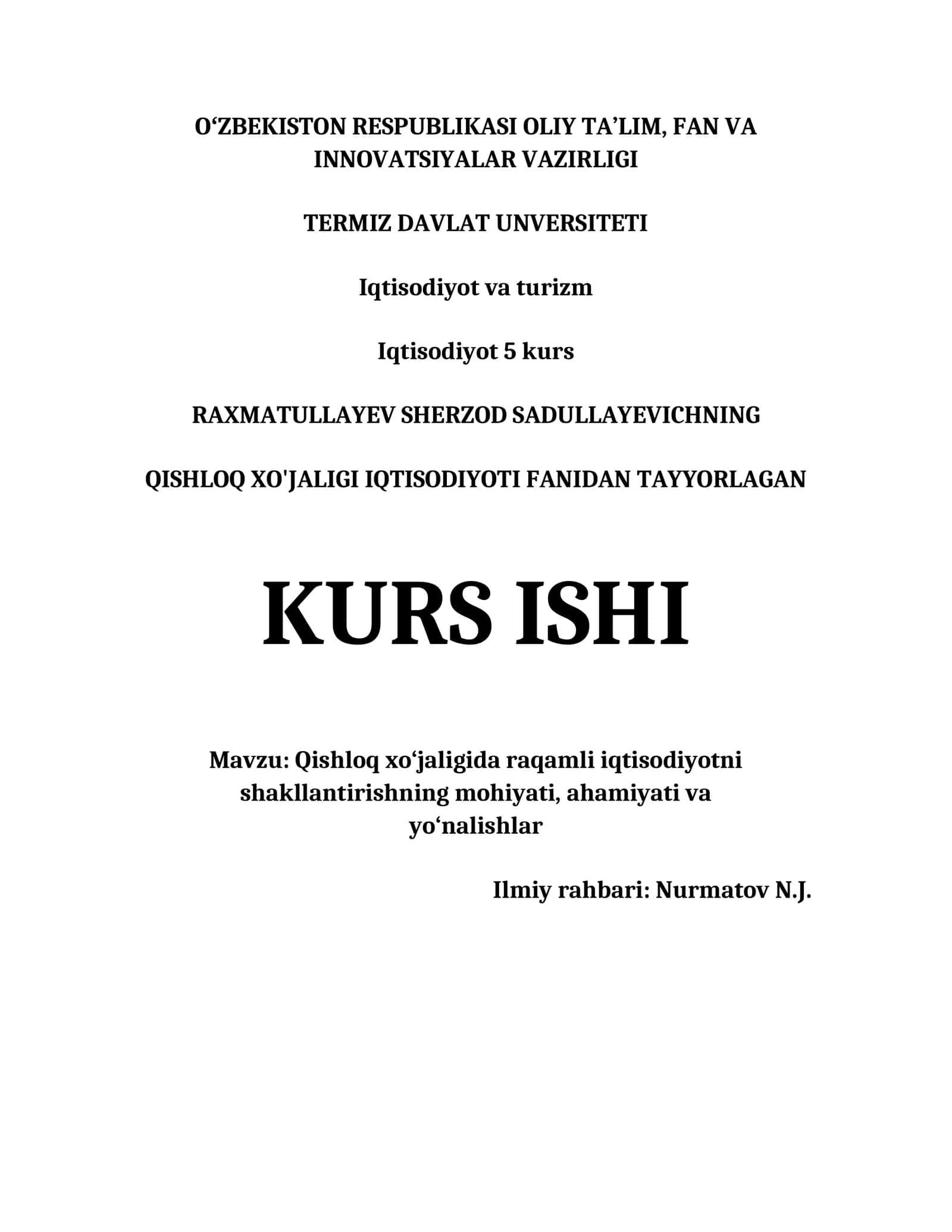 QISHLOQ XO'JALIGI IQTISODIYOTI FANIDAN TAYYORLAGAN KURS ISHI 1