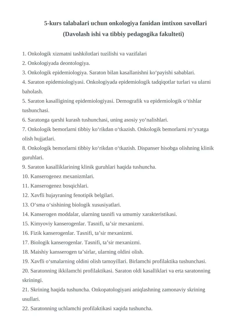 Onkologiya fanidan imtixon savollari 1