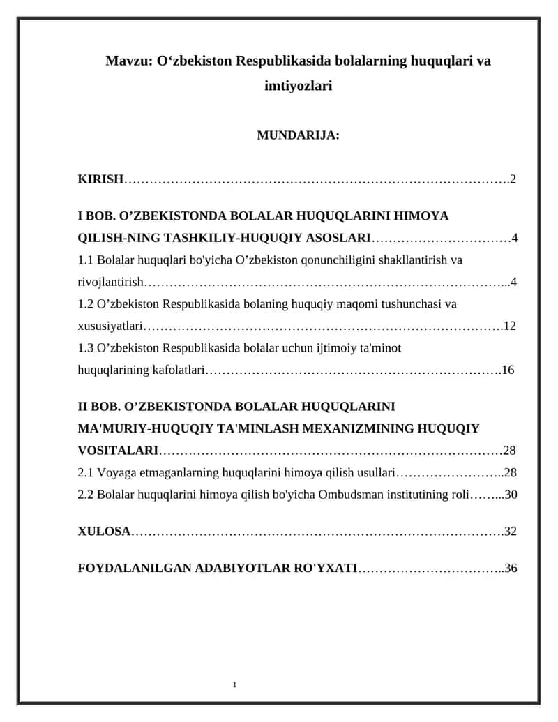 Oʻzbekiston Respublikasida bolalarning huquqlari va imtiyozlari 1