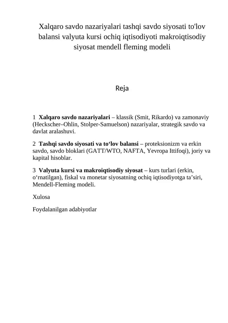 Xalqaro savdo nazariyalari 1
