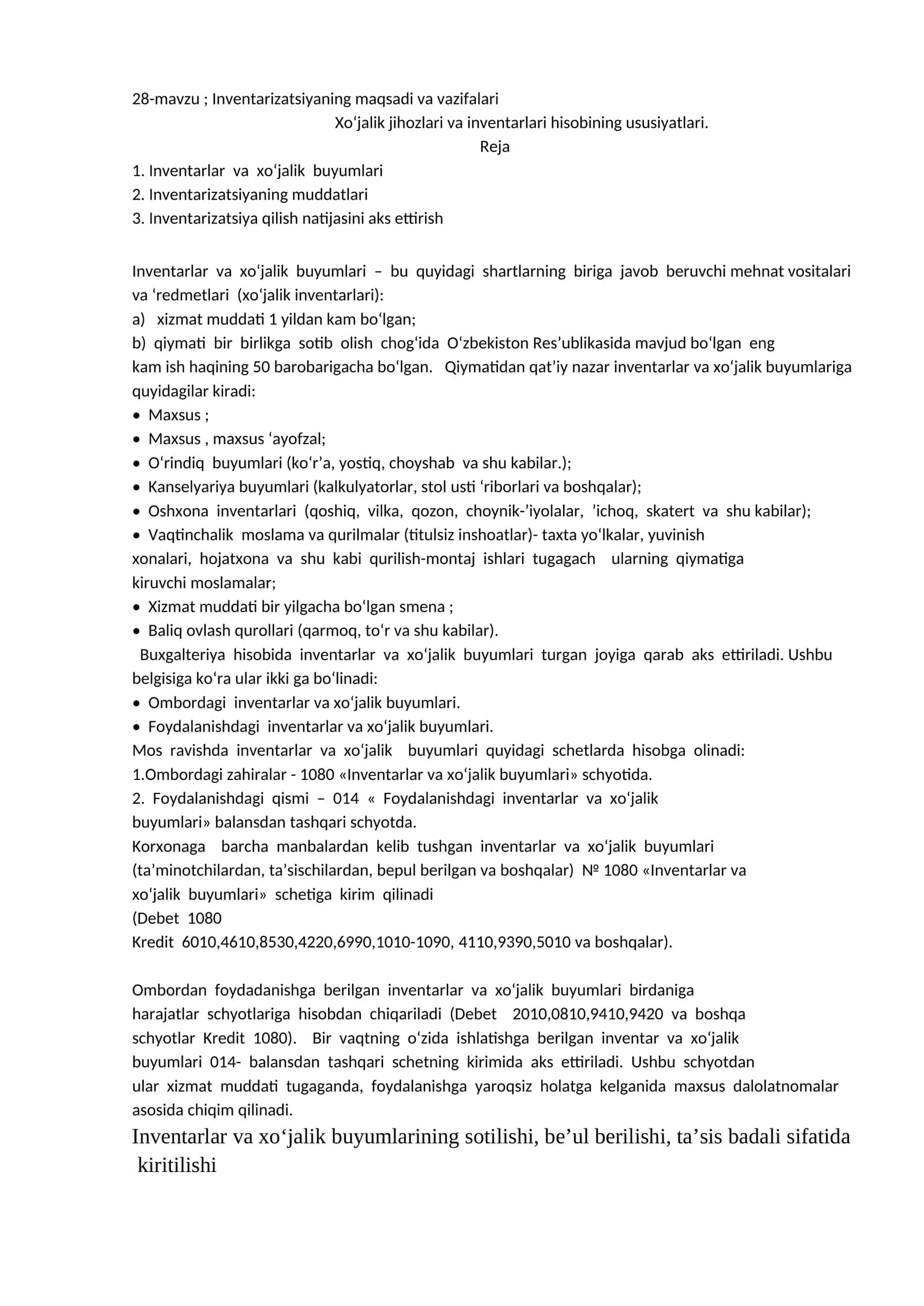 28-mavzu; Inventarizatsiyaning maqsadi va vazifalari 1