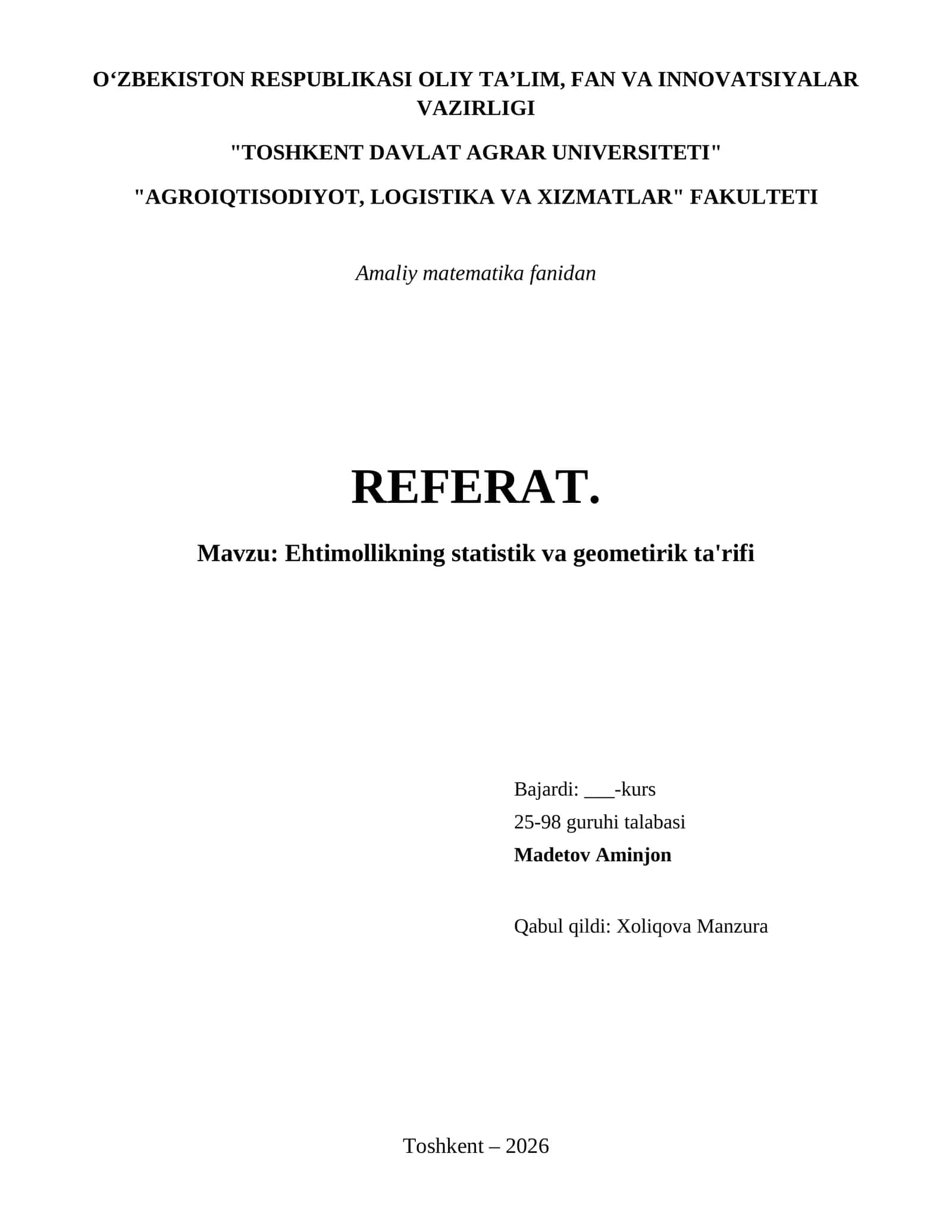 Ehtimollikning statistik va geometirik ta'rifi 1