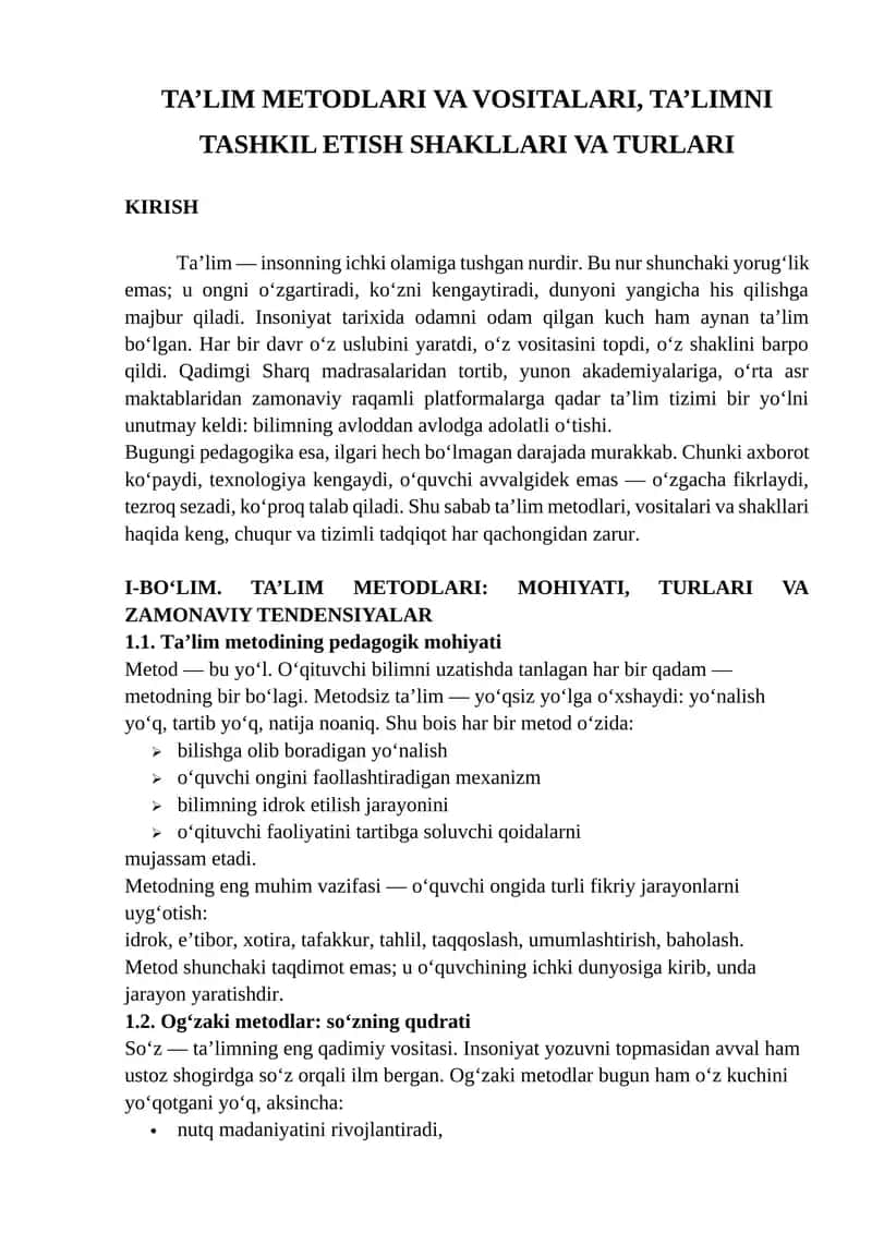TA’LIM METODLARI VA VOSITALARI, TA’LIMNI TASHKIL ETISH SHAKLLARI VA TURLARI 1