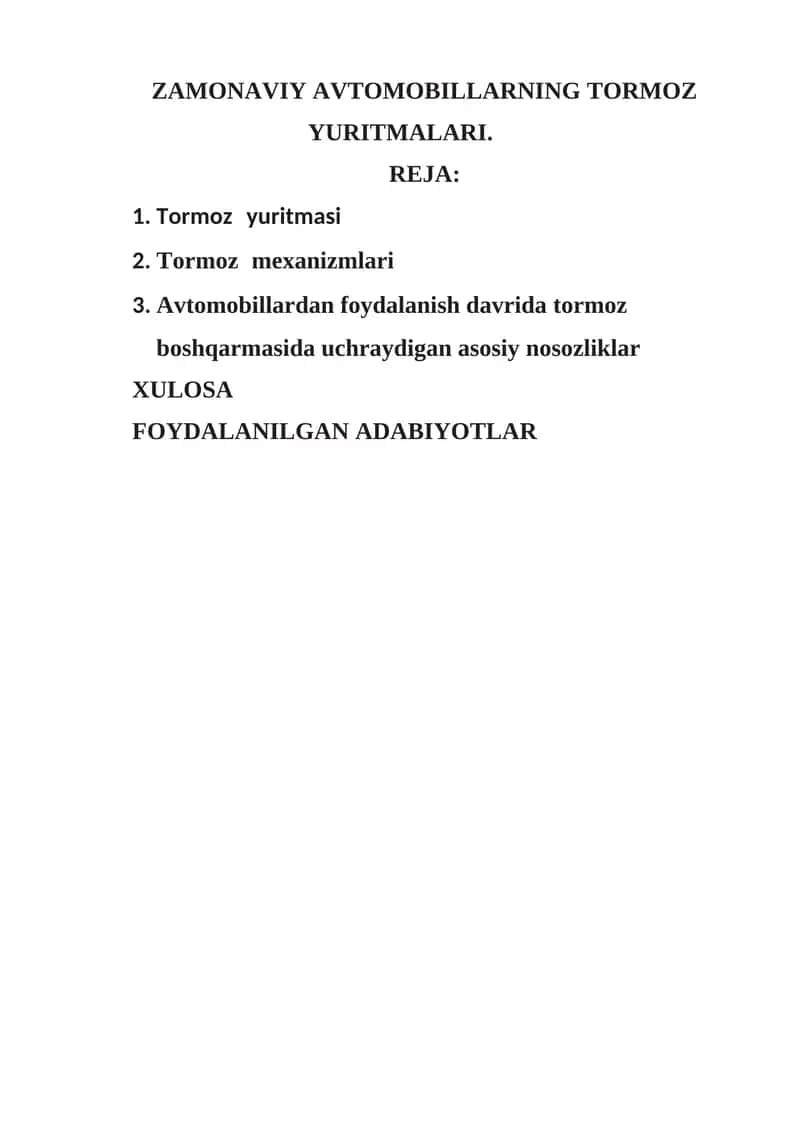 ZAMONAVIY AVTOMOBILLARNING TORMOZ YURITMALARI 1