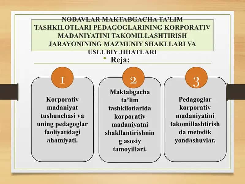 NODAVLAT MAKTABGACHA TA’LIM TASHKILOTLARI PEDAGOGLARINING KORPORATIV MADANIYATINI TAKOMILLASHTIRISH JARAYONINING MAZMUNIY SHAKLLARI VA USLUBIY JIHATLARI 1