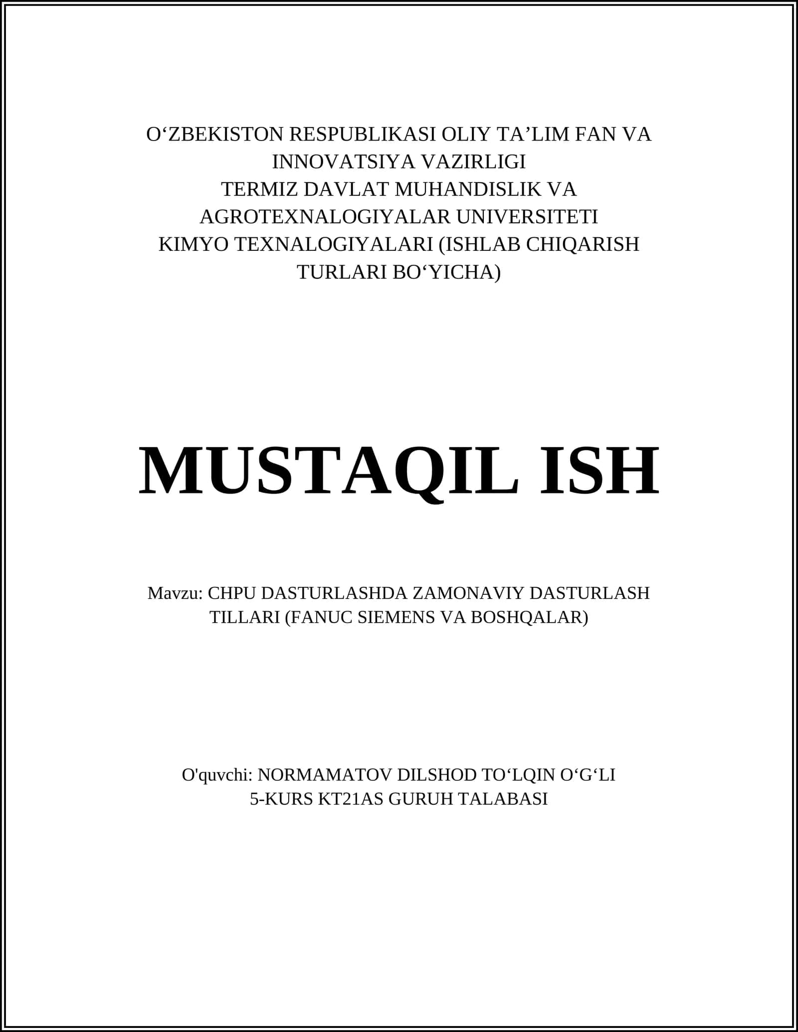 CHPU DASTURLASHDA ZAMONAVIY DASTURLASH TILLARI (FANUC SIEMENS VA BOSHQALAR) 1