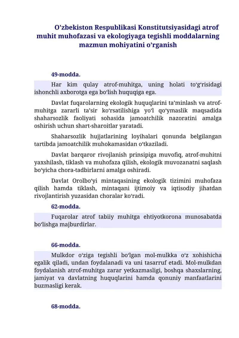 O'zbekiston Respublikasi Konstitutsiyasidagi atrof muhit muhofazasi va ekologiyaga tegishli moddalarning mazmun mohiyatini o’rganish 1