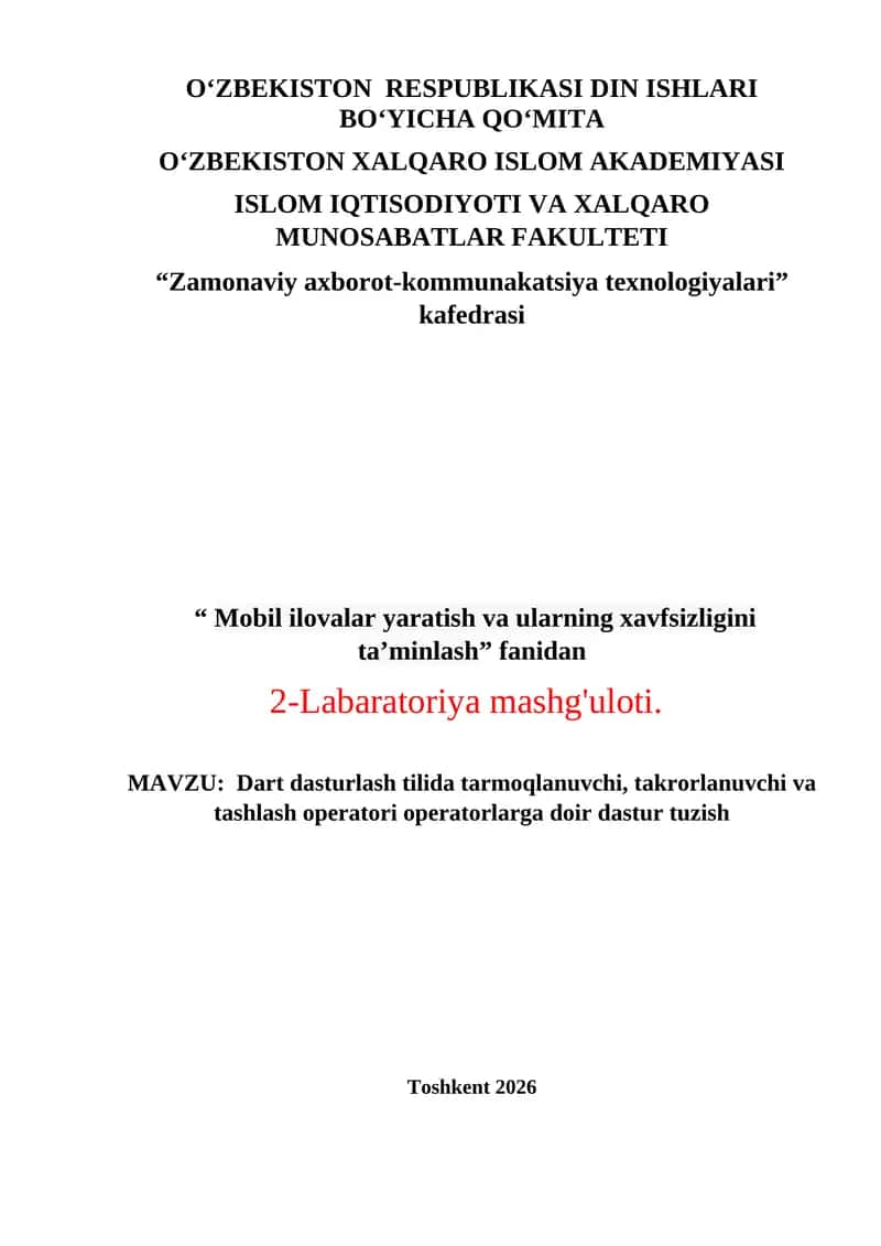 Dart dasturlash tilida tarmoqlanuvchi, takrorlanuvchi va tashlash operatori operatorlarga doir dastur tuzish 1