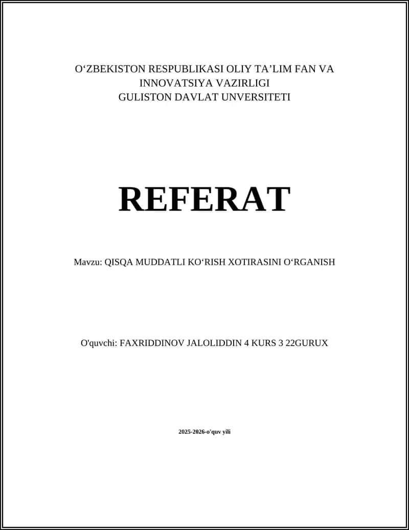 QISQA MUDDATLI KO‘RISH XOTIRASINI O‘RGANISH 1