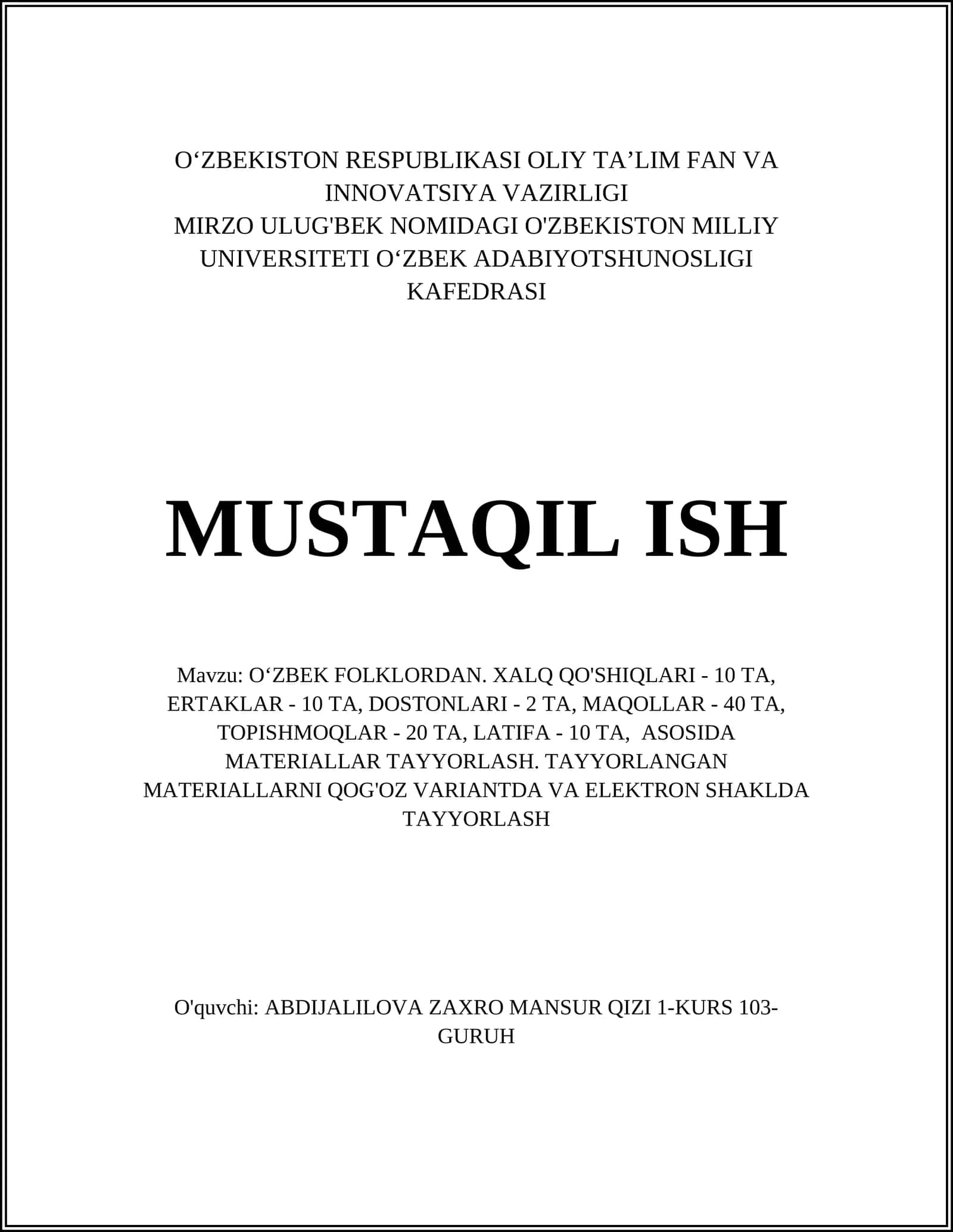 O'ZBEK FOLKLORDAN. XALQ QO'SHIQLARI, ERTAKLAR, DOSTONLARI, MAQOLLAR, TOPISHMOQLAR, LATIFA 1