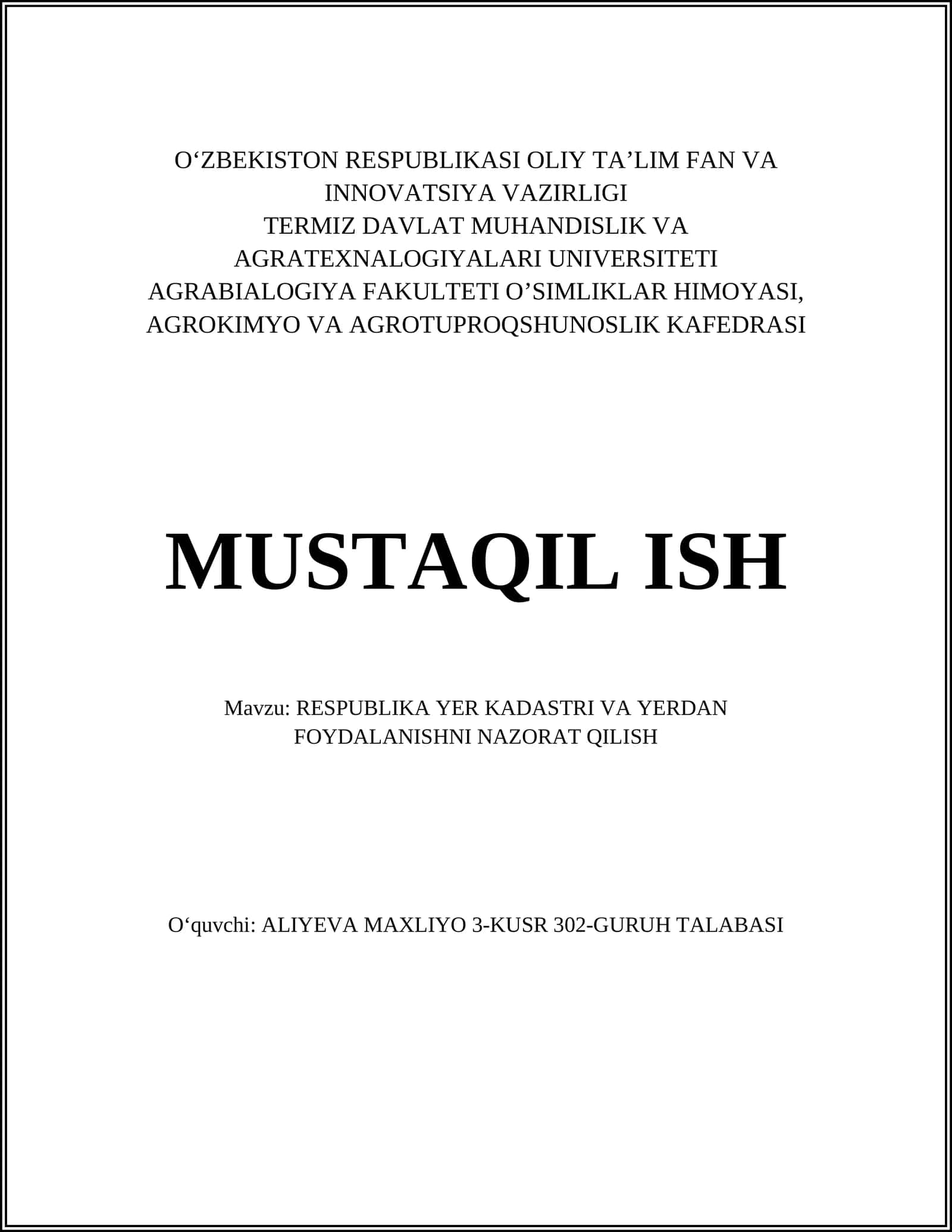 RESPUBLIKA YER KADASTRI VA YERDAN FOYDALANISHNI NAZORAT QILISH 1