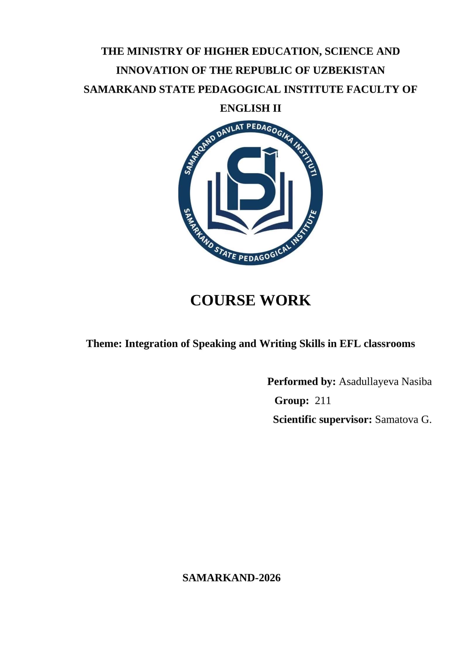 Integration of Speaking and Writing Skills in EFL classrooms 1