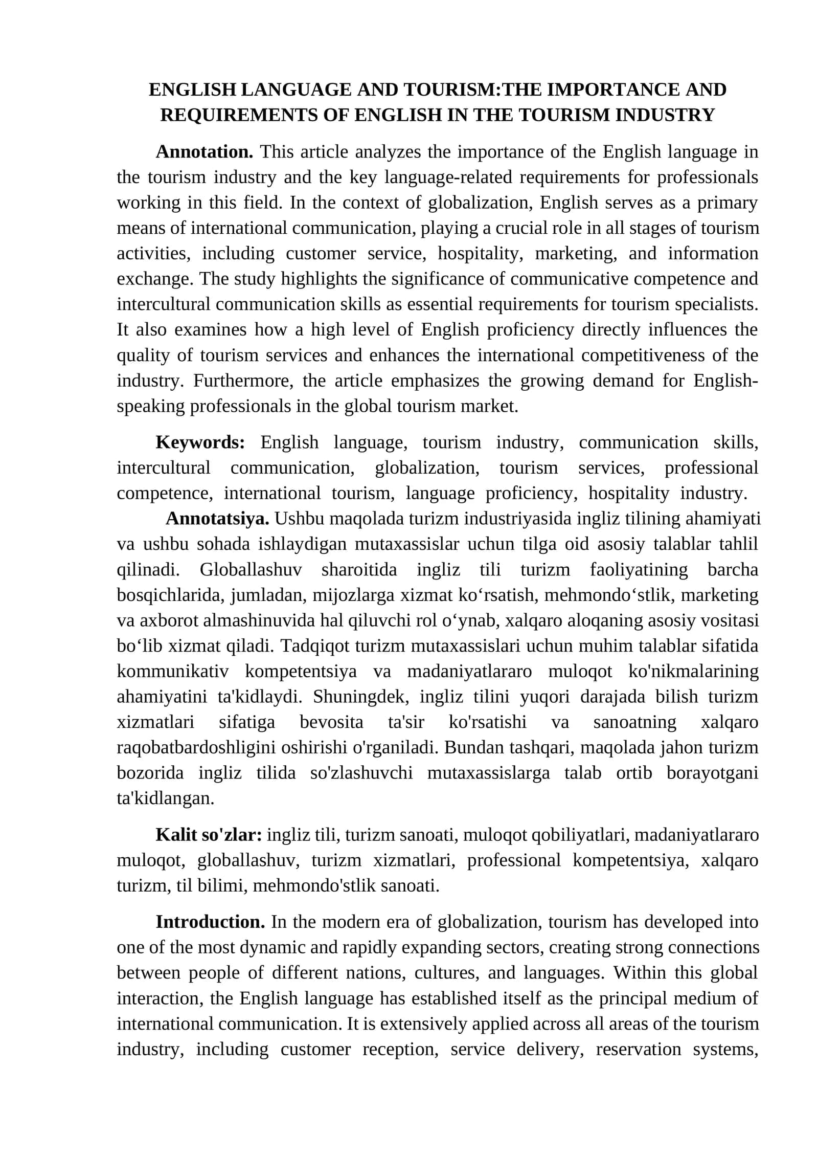 ENGLISH LANGUAGE AND TOURISM:THE IMPORTANCE AND REQUIREMENTS OF ENGLISH IN THE TOURISM INDUSTRY 1