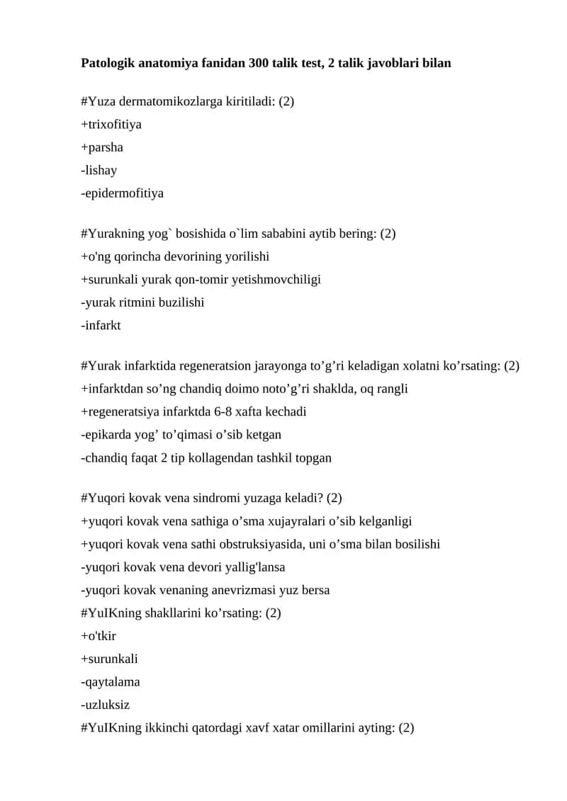 Patologik anatomiya fanidan 300 talik test, 2 talik javoblari bilan 1