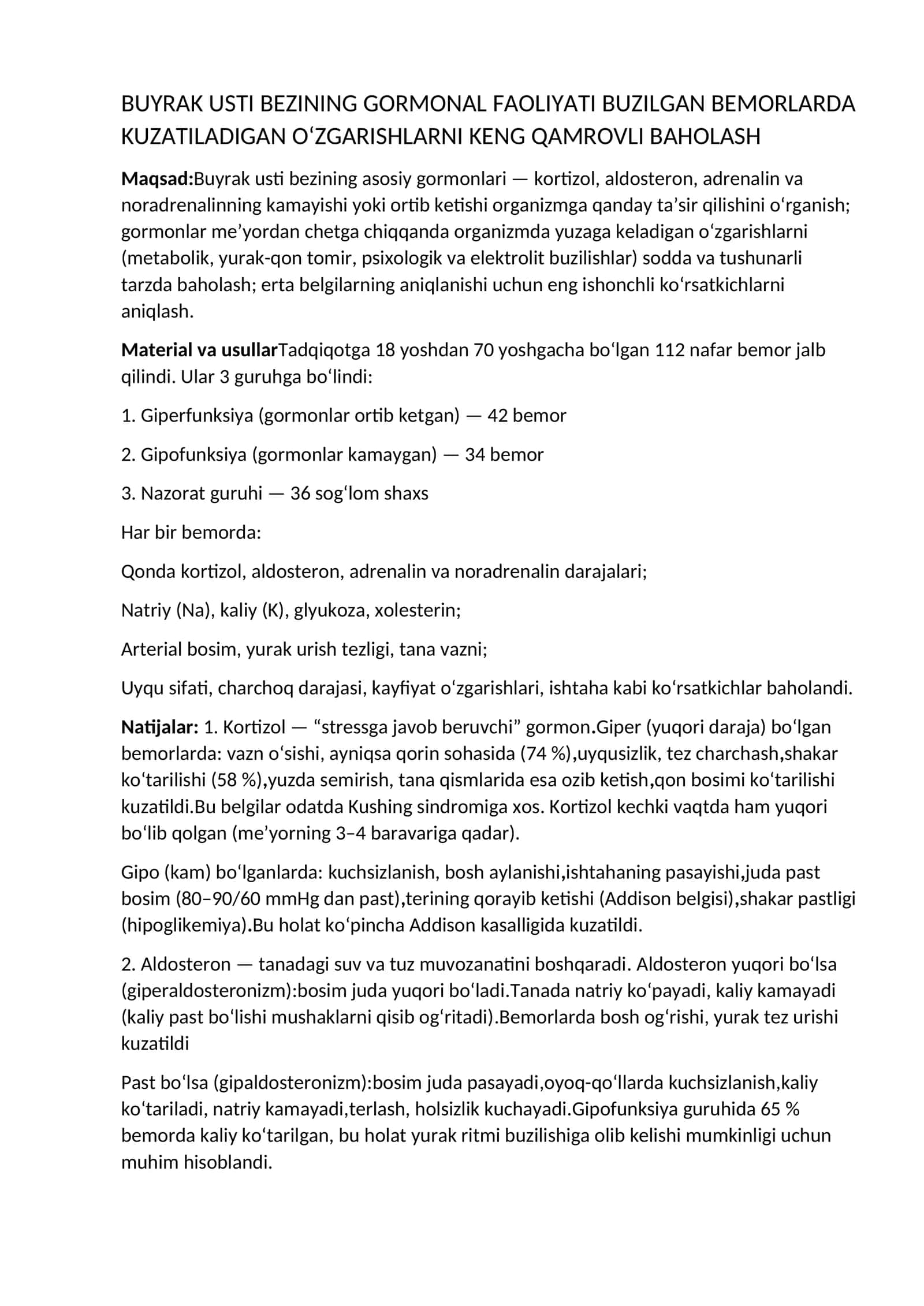 BUYRAK USTI BEZINING GORMONAL FAOLIYATI BUZILGAN BEMORLARDA KUZATILADIGAN O‘ZGARISHLARNI KENG QAMROVLI BAHOLASH 1