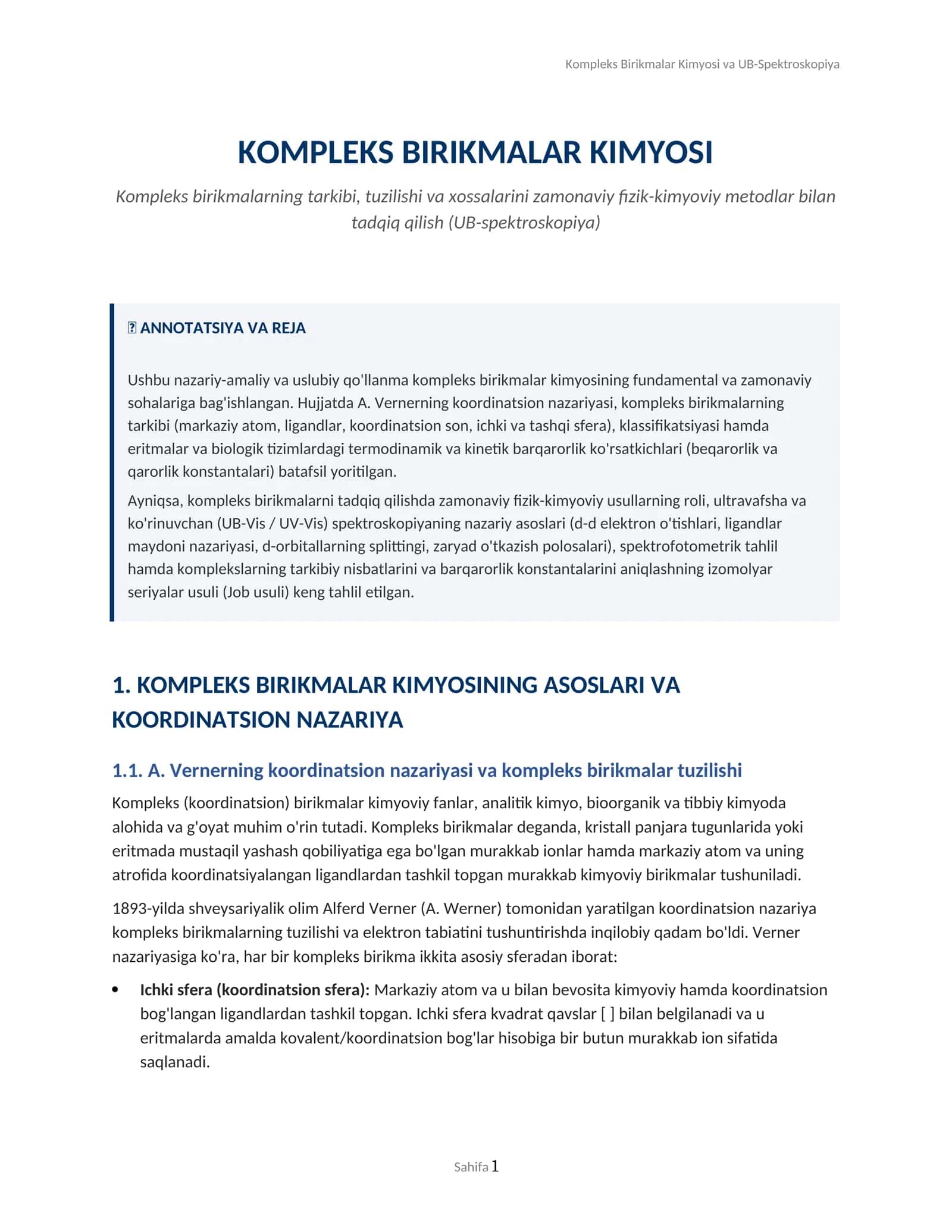 Kompleks Birikmalar Kimyosi va UB-Spektroskopiya 1
