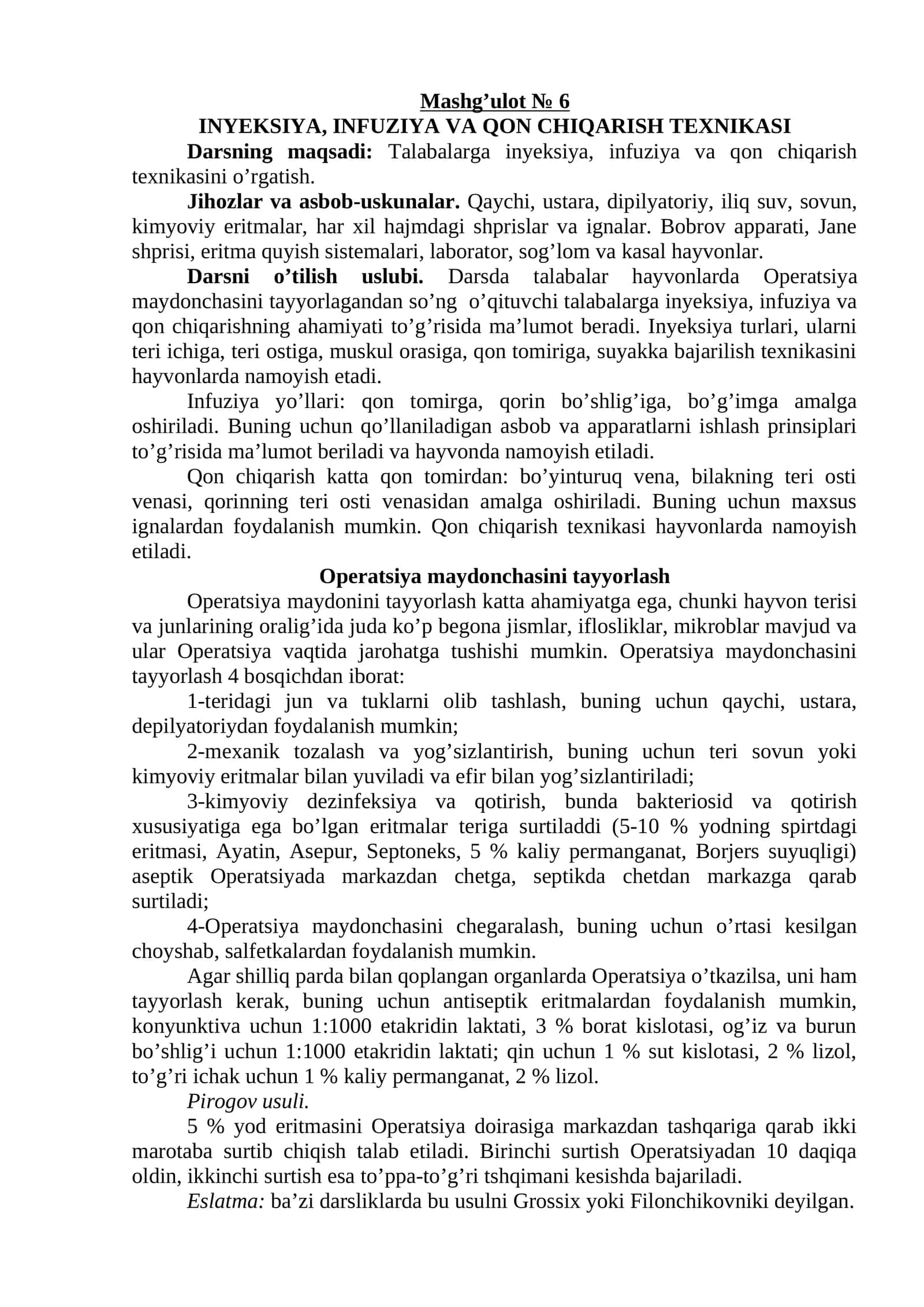 INYEKSIYA, INFUZIYA VA QON CHIQARISH TEXNIKASI 1