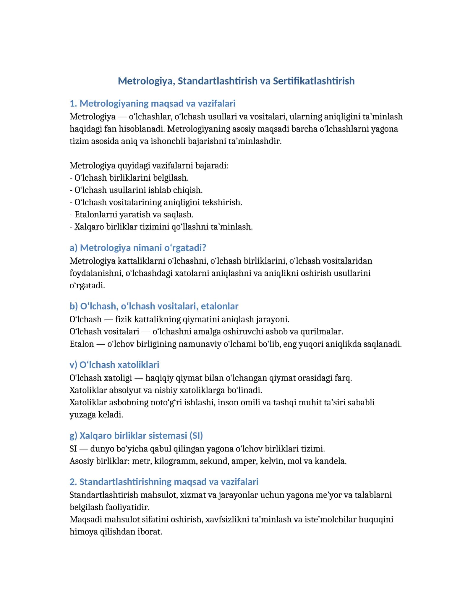 Metrologiya, Standartlashtirish va Sertifikatlashtirish 1