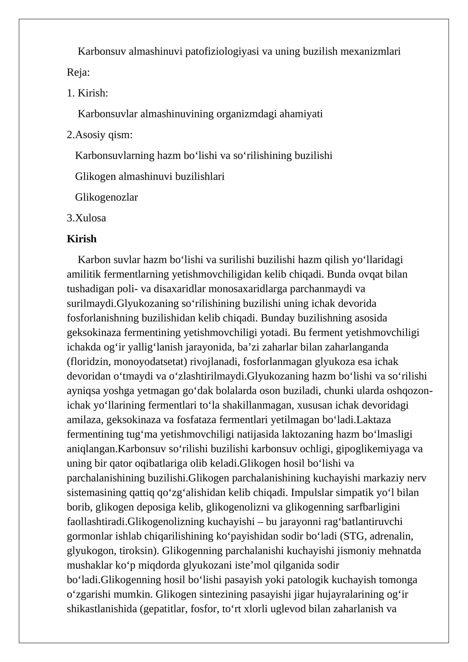 Karbonsuv almashinuvi patofiziologiyasi va uning buzilish mexanizmlari 1