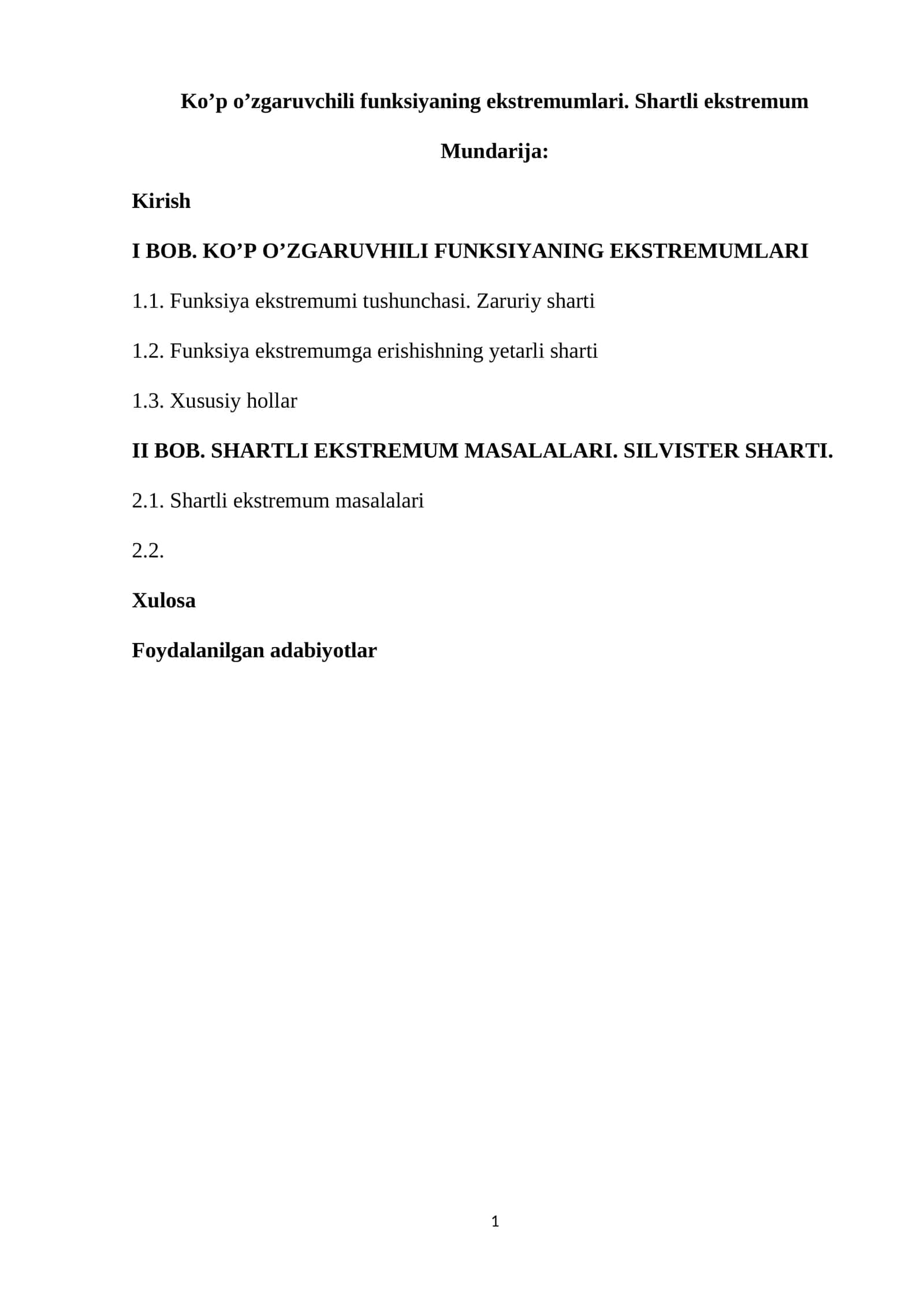 Ko'p o'zgaruvchili funksiyaning ekstremumlari 1