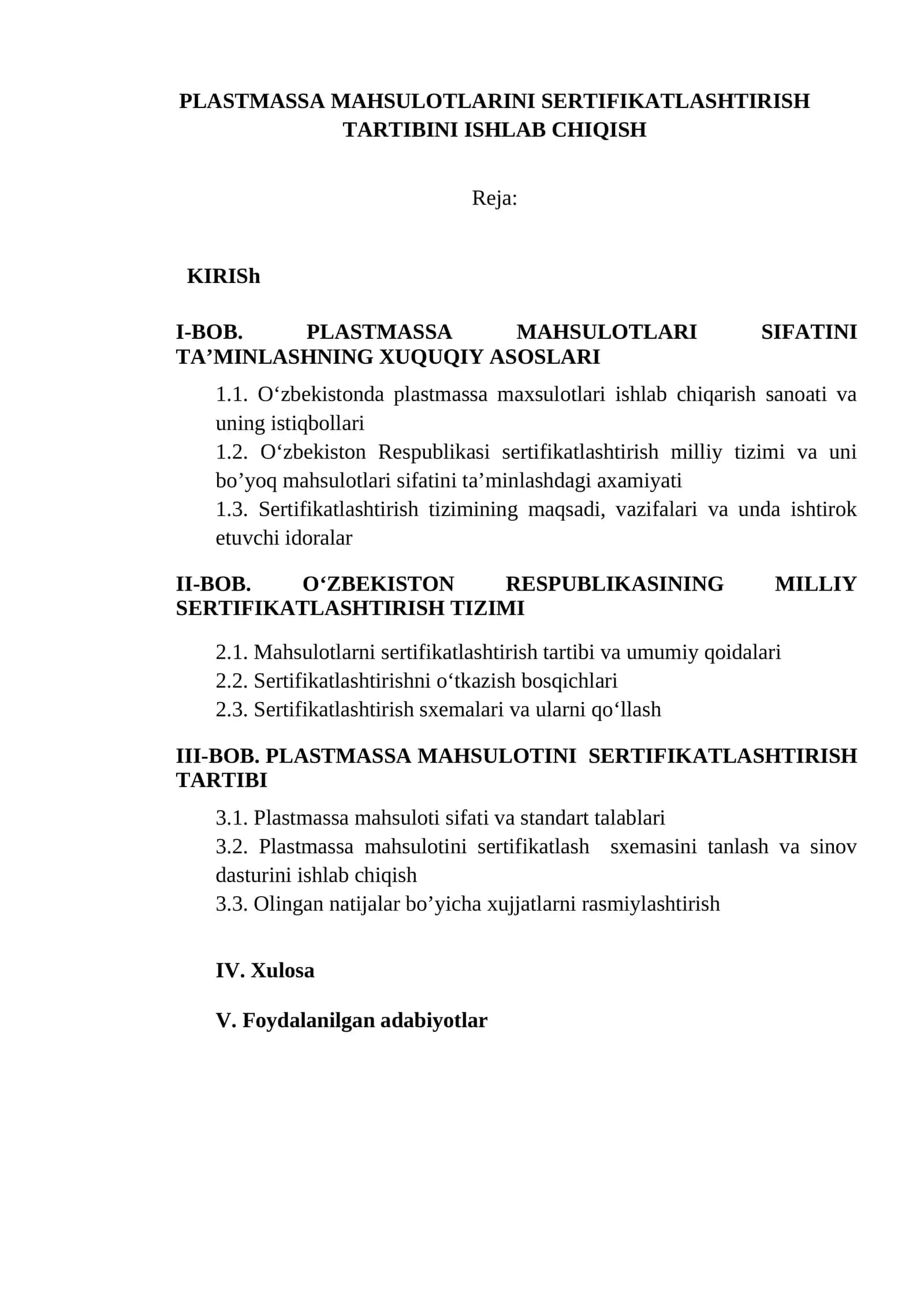 PLASTMASSA MAHSULOTLARINI SERTIFIKATLASHTIRISH TARTIBINI ISHLAB CHIQISH 1