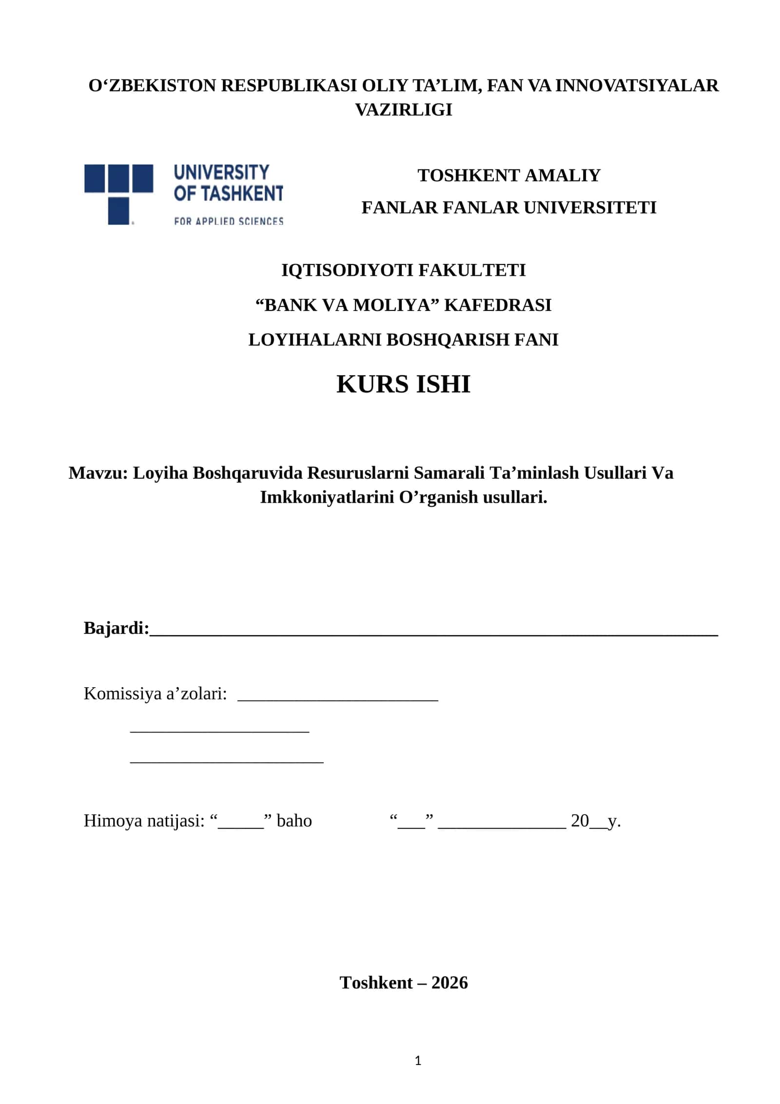 Loyiha Boshqaruvida Resuruslarni Samarali Ta’minlash Usullari Va Imkkoniyatlarini O’rganish usullari 1