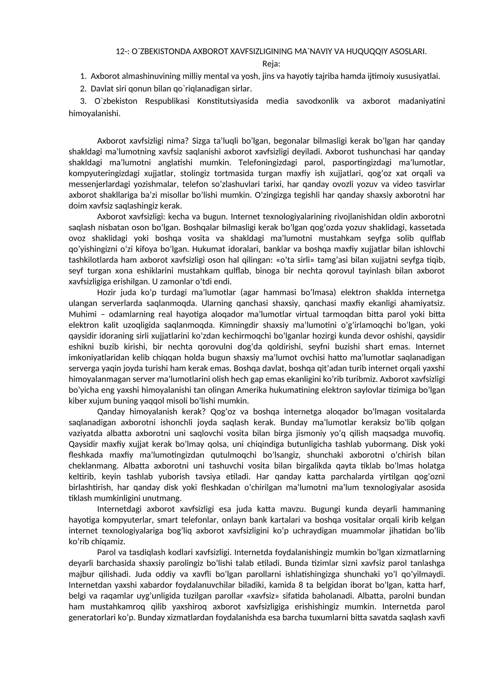 O`ZBEKISTONDA AXBOROT XAVFSIZLIGINING MA`NAVIY VA HUQUQQIY ASOSLARI 1