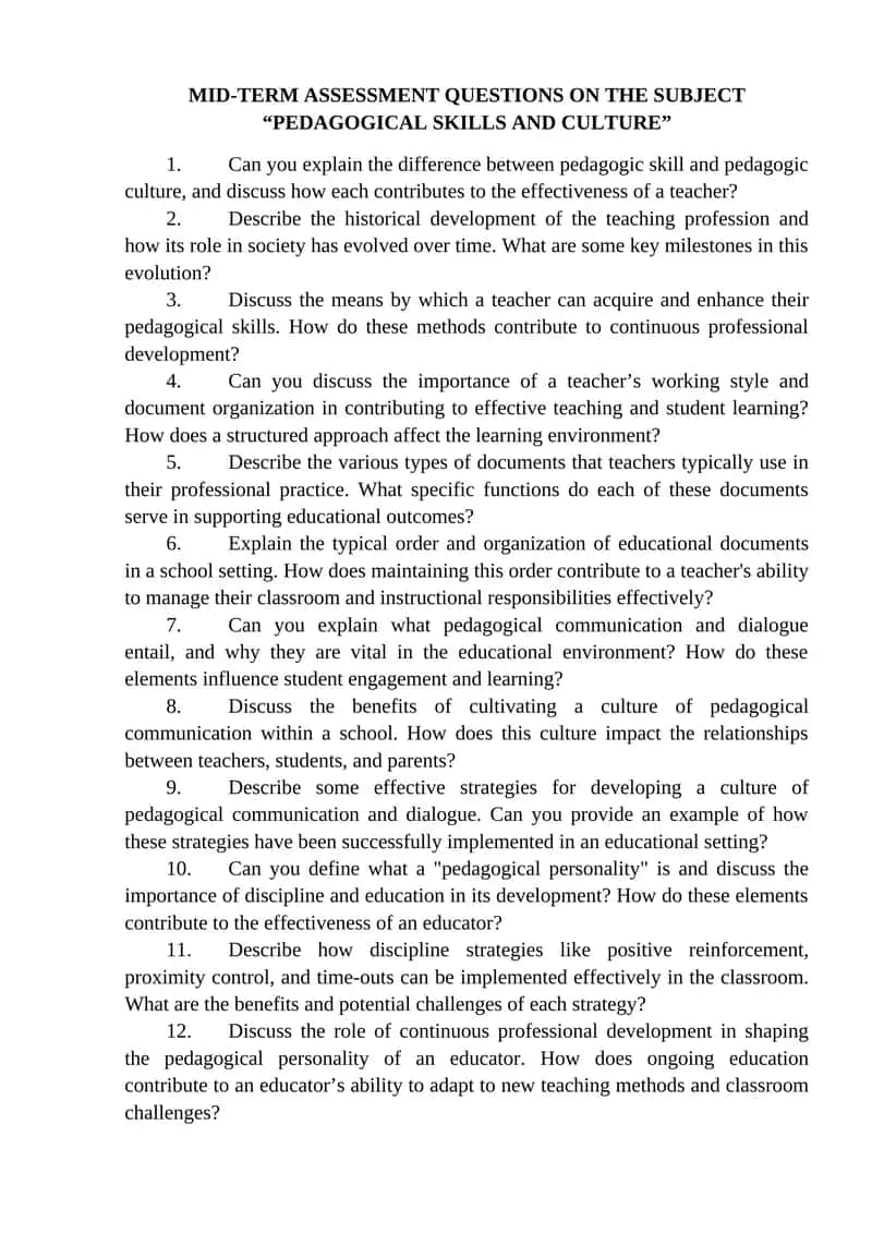 MID-TERM ASSESSMENT QUESTIONS ON THE SUBJECT “PEDAGOGICAL SKILLS AND CULTURE” 1