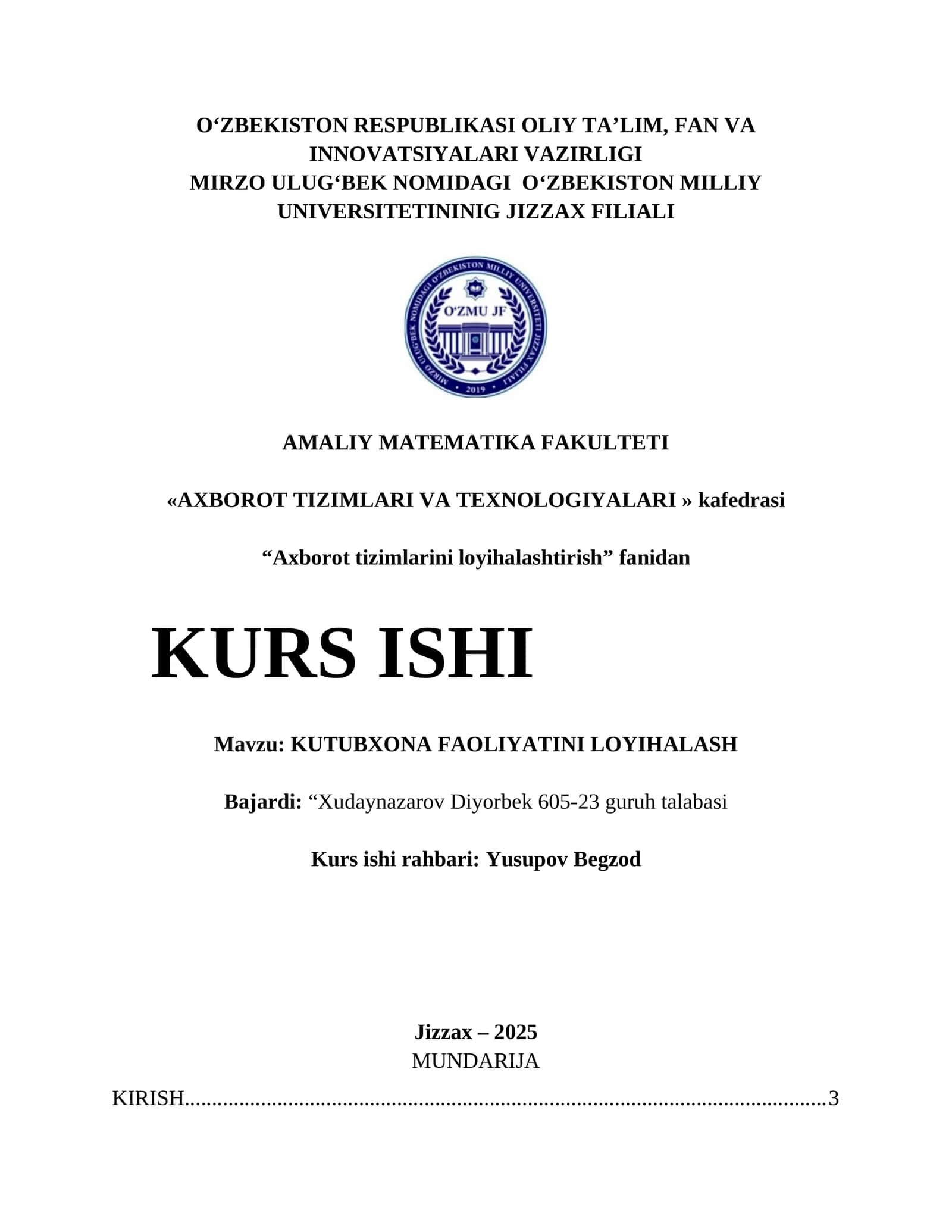KUTUBXONA FAOLIYATINI LOYIHALASH 1