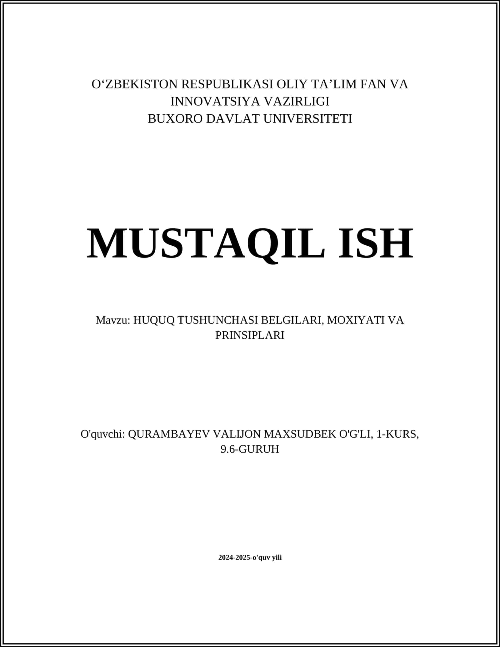 HUQUQ TUSHUNCHASI BELGILARI, MOXIYATI VA PRINSIPLARI 1