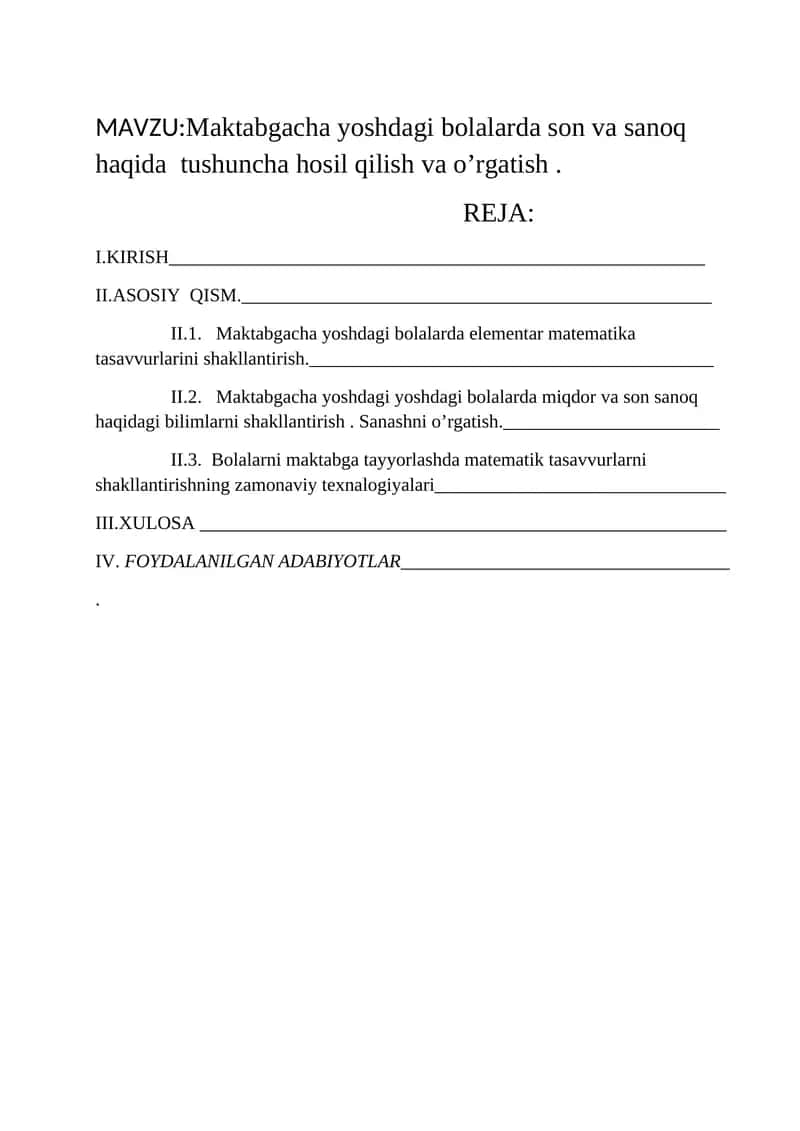 Maktabgacha yoshdagi bolalarda son va sanoq haqida  tushuncha hosil qilish va o’rgatish 1