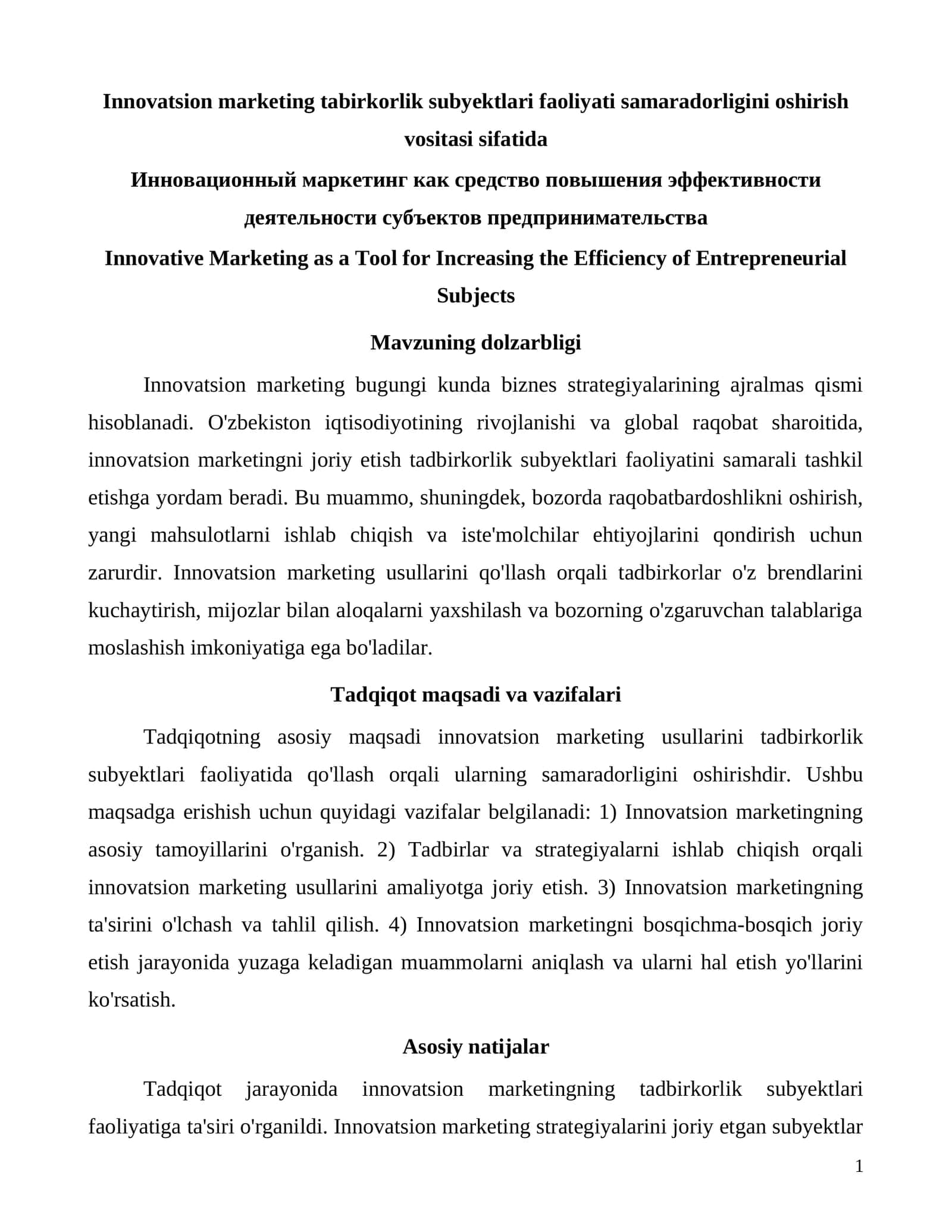 Innovatsion marketing tabirkorlik subyektlari faoliyati samaradorligini oshirish vositasi sifatida 1