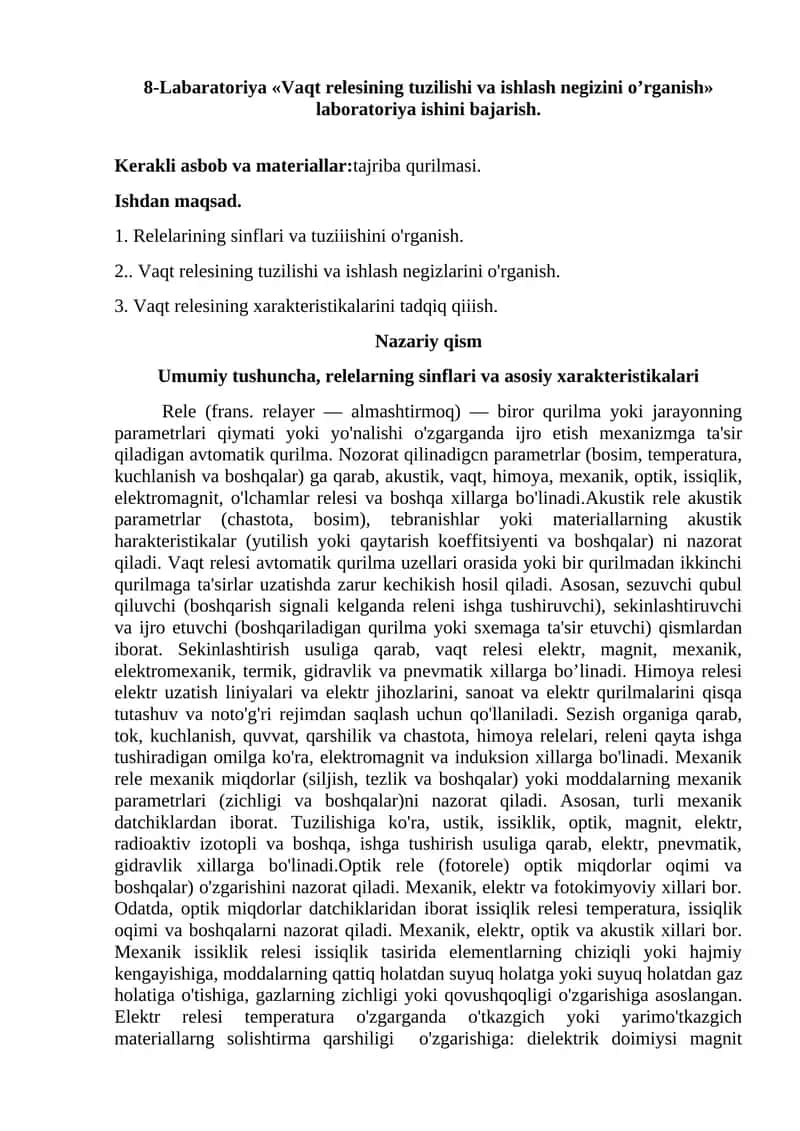 Vaqt relesining tuzilishi va ishlash negizini o’rganish 1