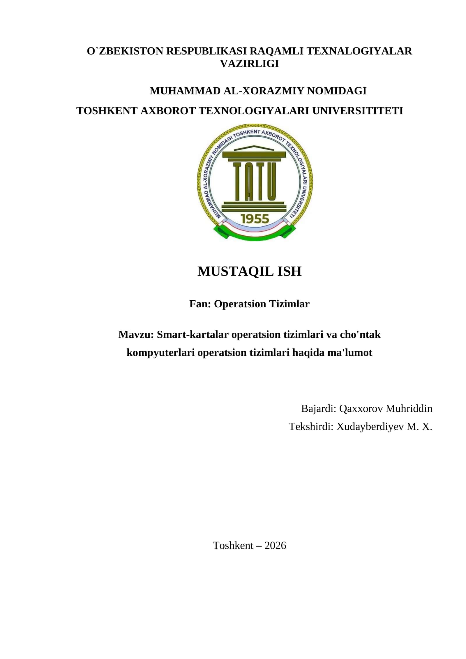 Smart-kartalar operatsion tizimlari va cho'ntak kompyuterlari operatsion tizimlari 1