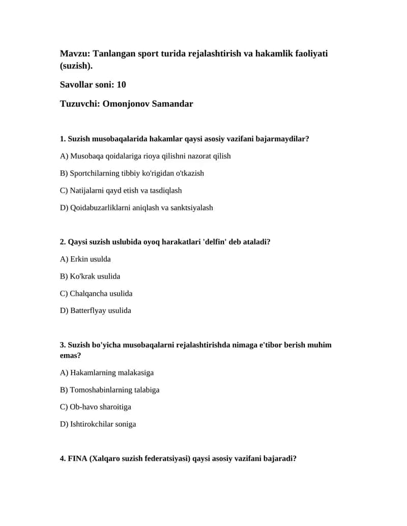 Tanlangan sport turida rejalashtirish va hakamlik faoliyati (suzish) 1