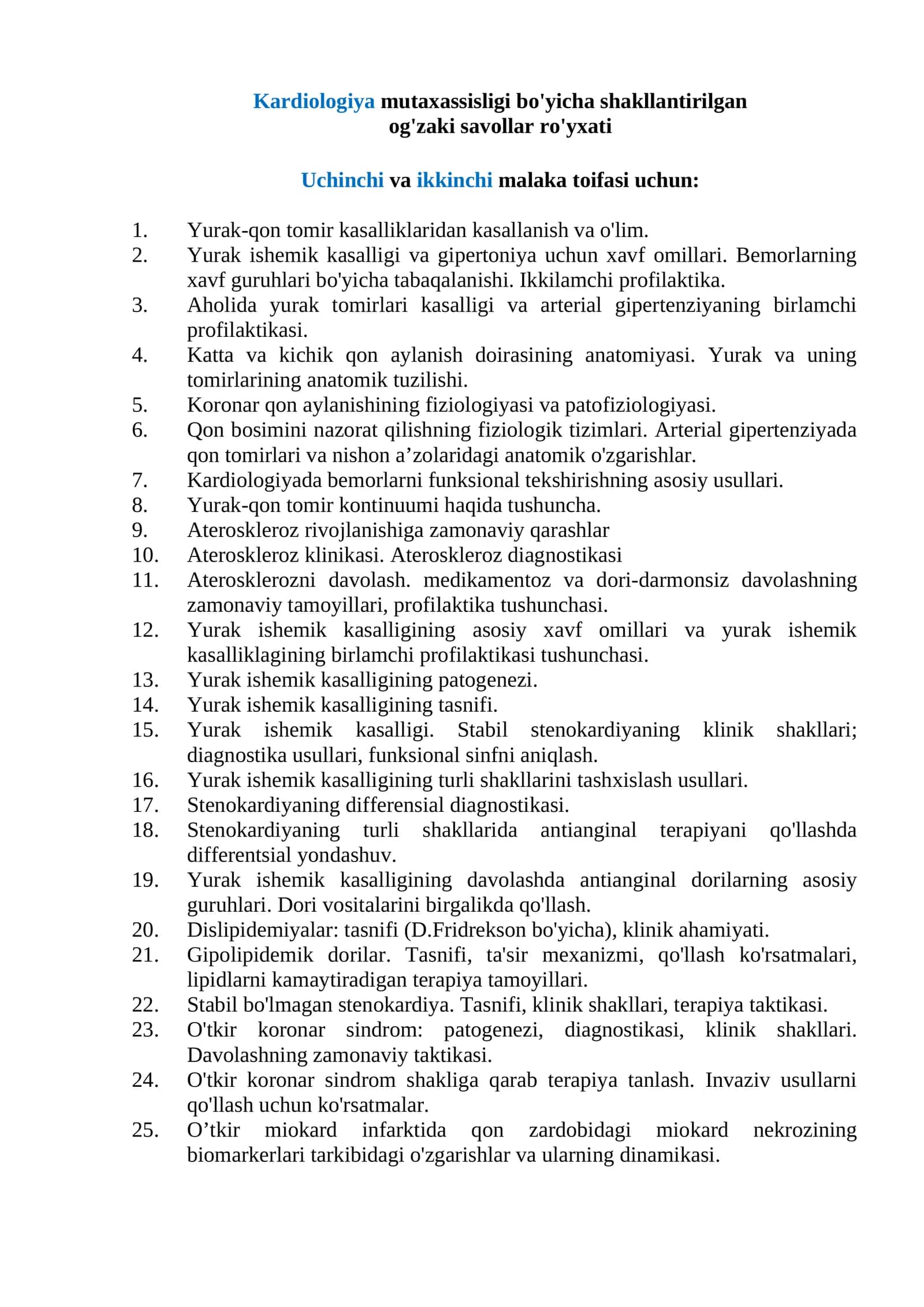 Kardiologiya mutaxassisligi bo'yicha shakllantirilgan og'zaki savollar ro'yxati 1