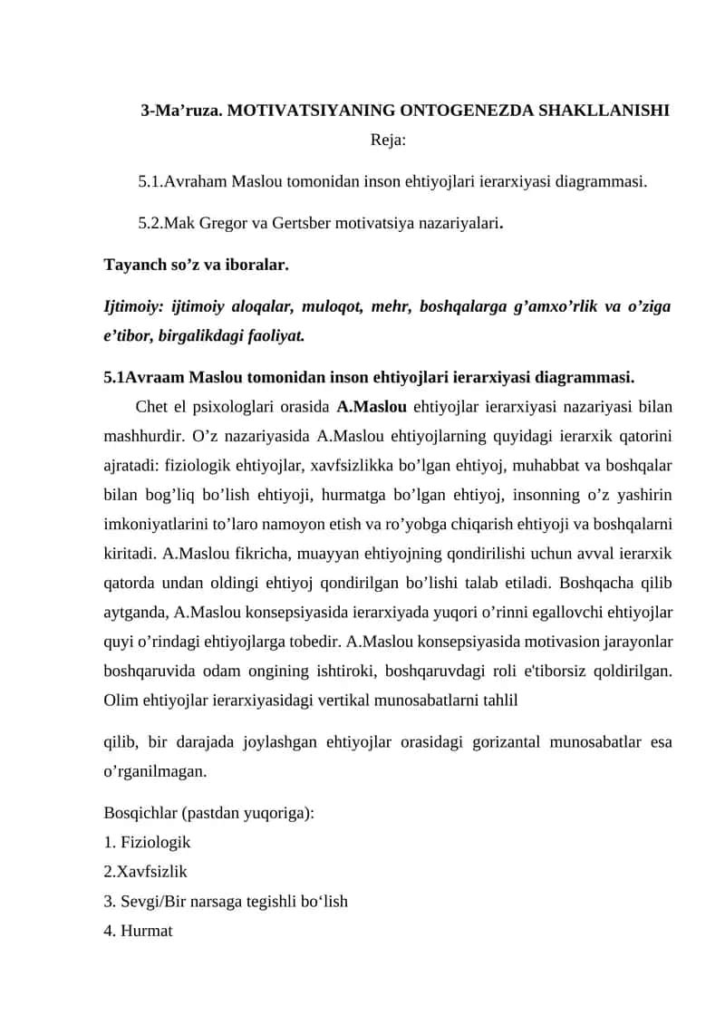 Avraham Maslou ehtiyojlari ierarxiyasi 1