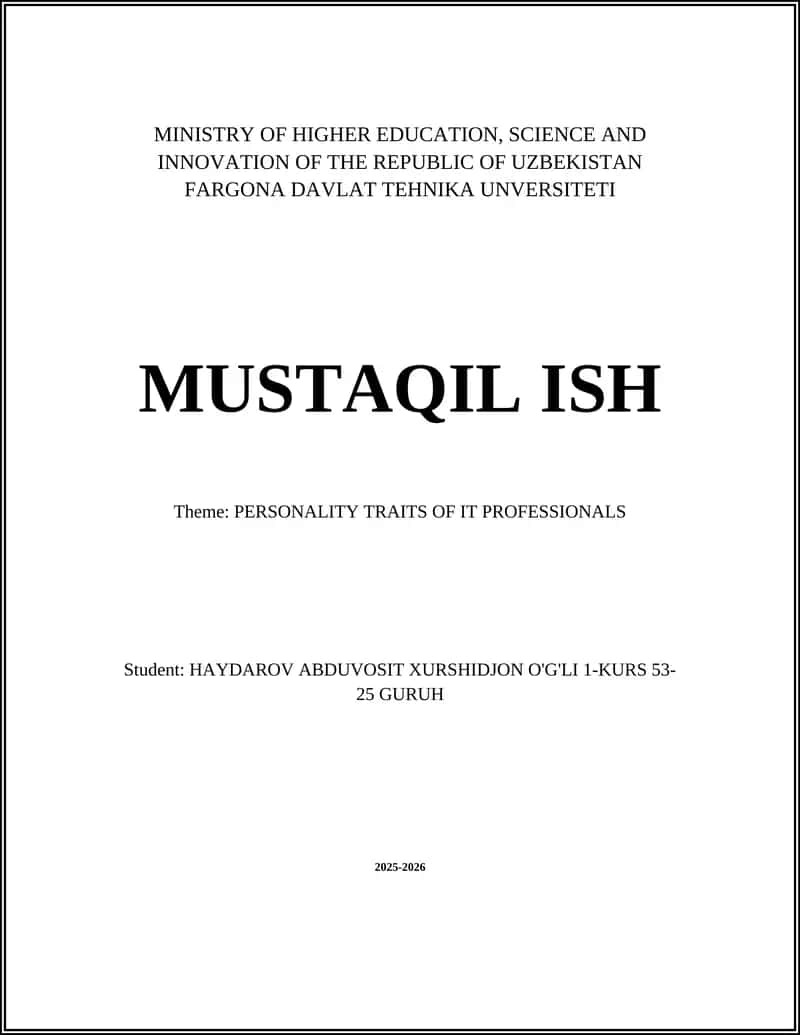 MUSTAQIL ISH: PERSONALITY TRAITS OF IT PROFESSIONALS 1