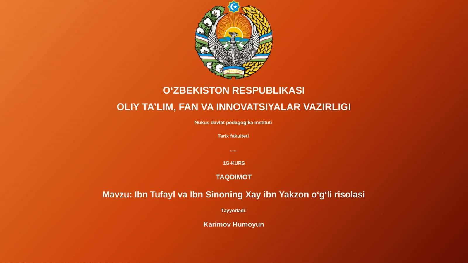 Ibn Tufayl va Ibn Sinoning Xay ibn Yakzon oʻgʻli risolasi 1