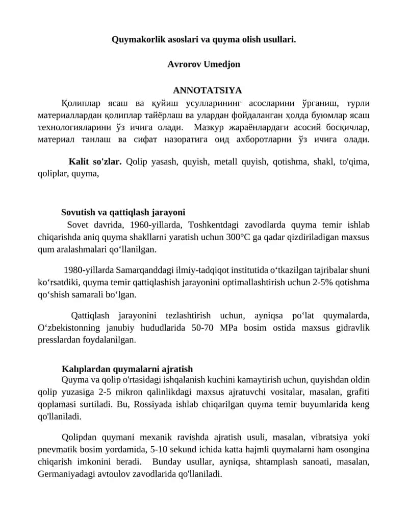 Quymakorlik asoslari va quyma olish usullari 1