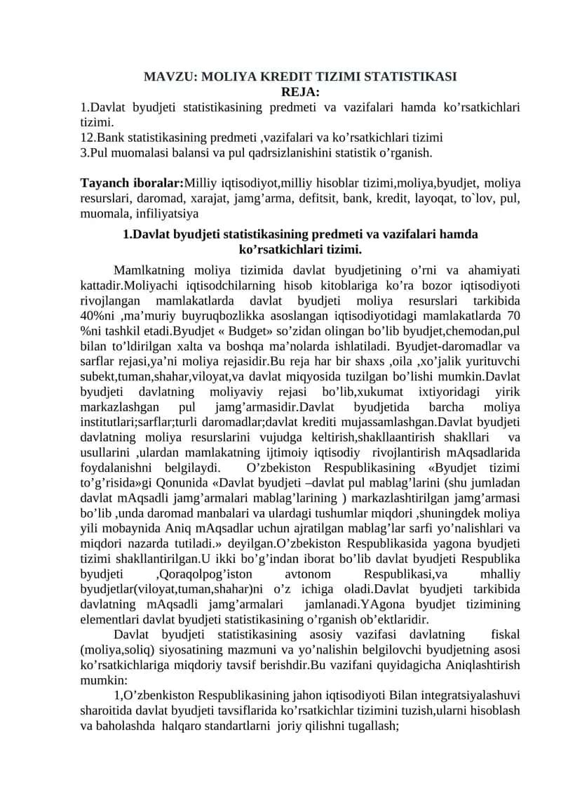 MOLIYA KREDIT TIZIMI STATISTIKASI 1