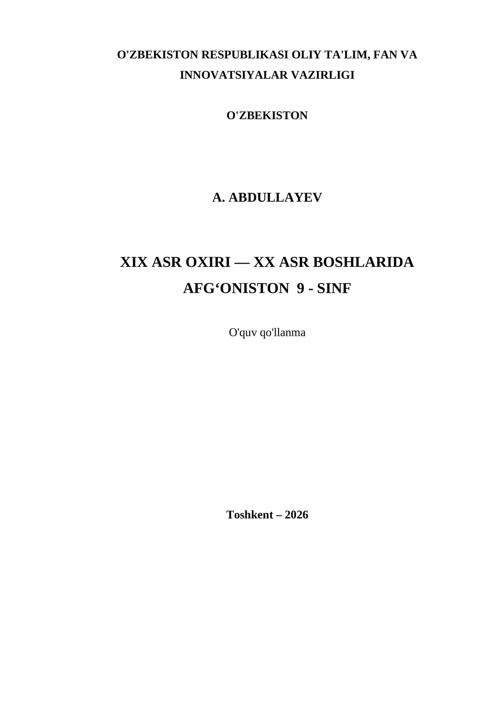 XIX ASR OXIRI — XX ASR BOSHLARIDA AFG‘ONISTON 9 - SINF 1